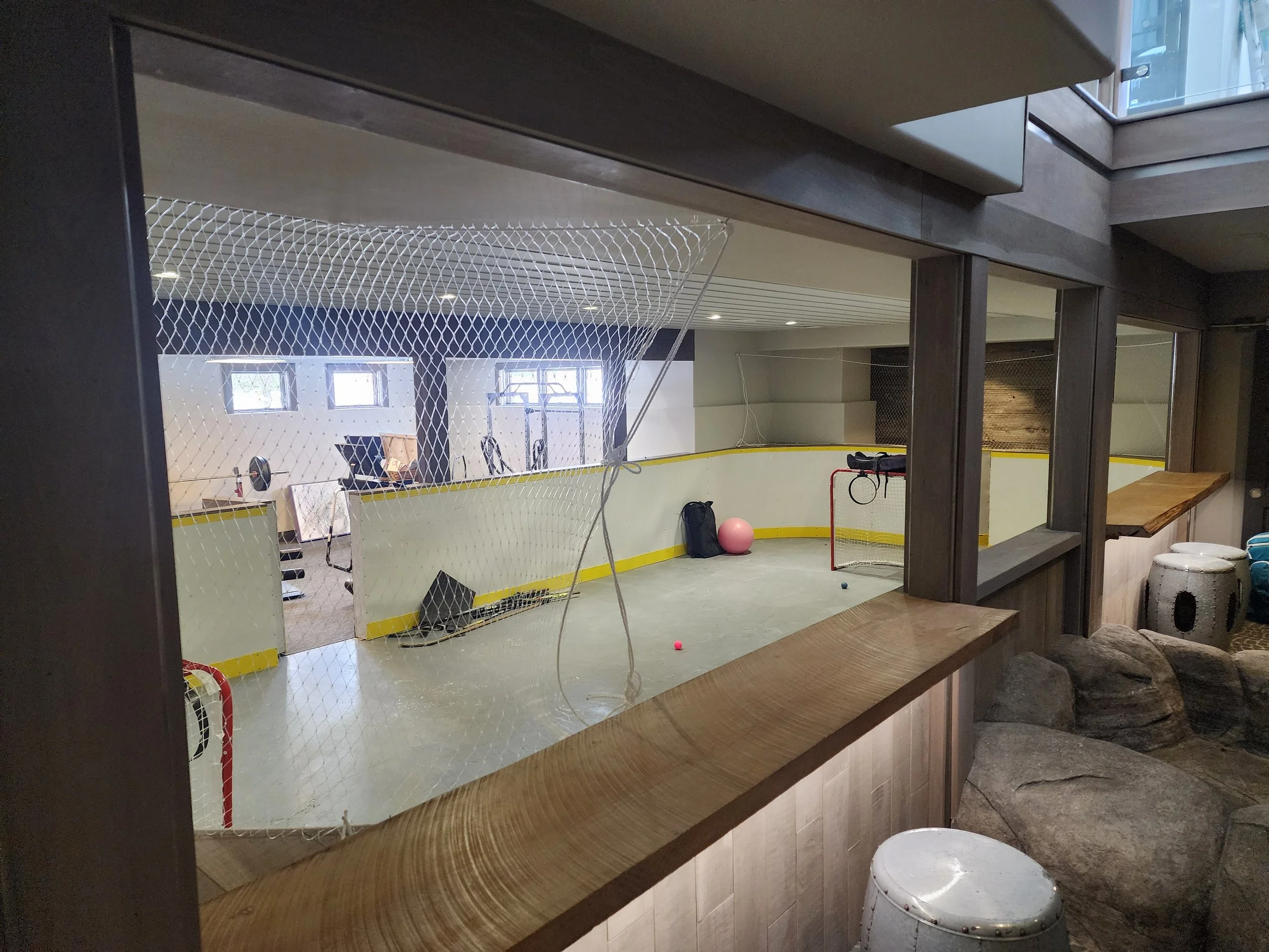 Indoor hockey practice rink with a small goal, pink and blue balls, wires, and exercise equipment visible through a window.