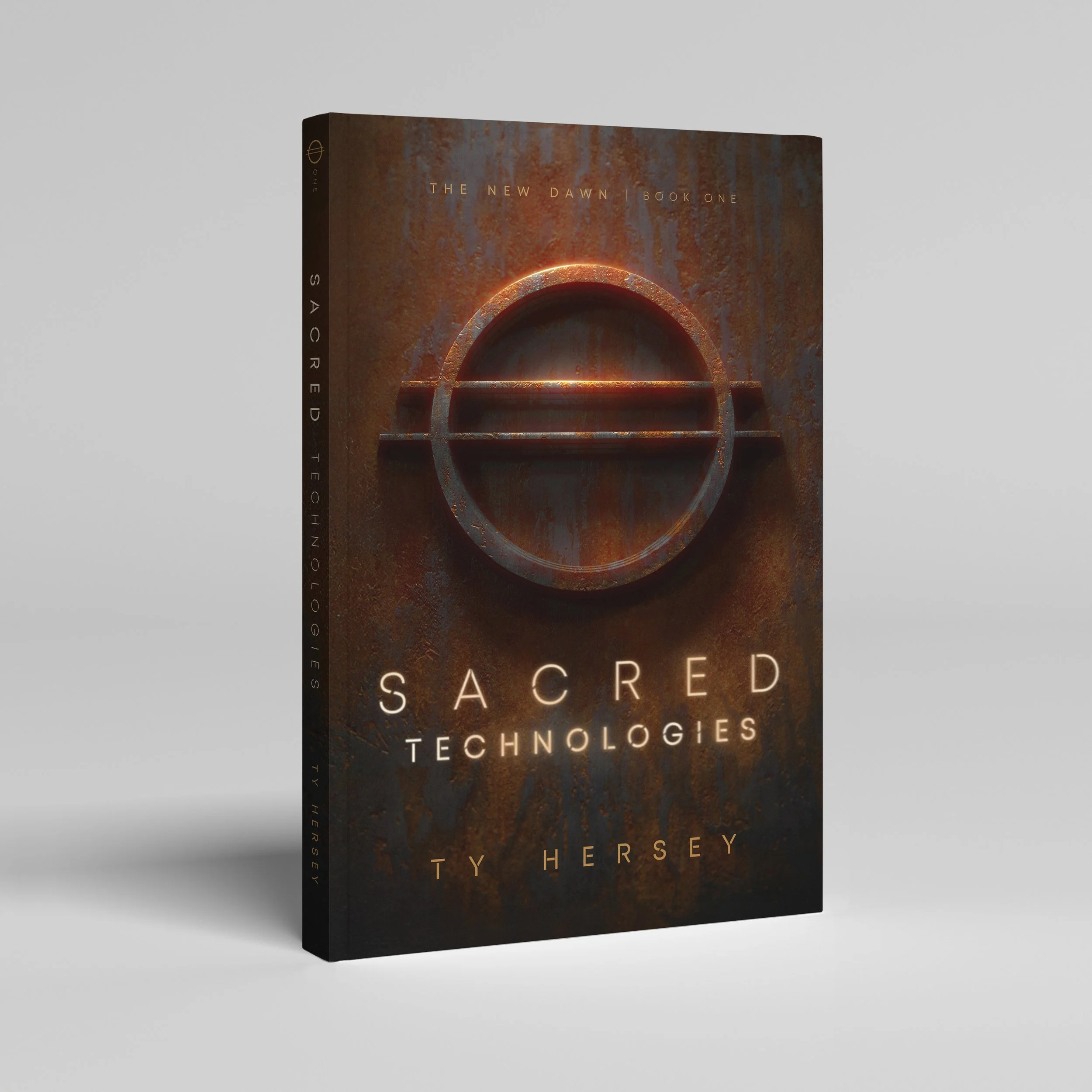Book cover titled 'Sacred Technologies' by Ty Hersey, featuring a rusted metal background with a circular symbol and glowing light.