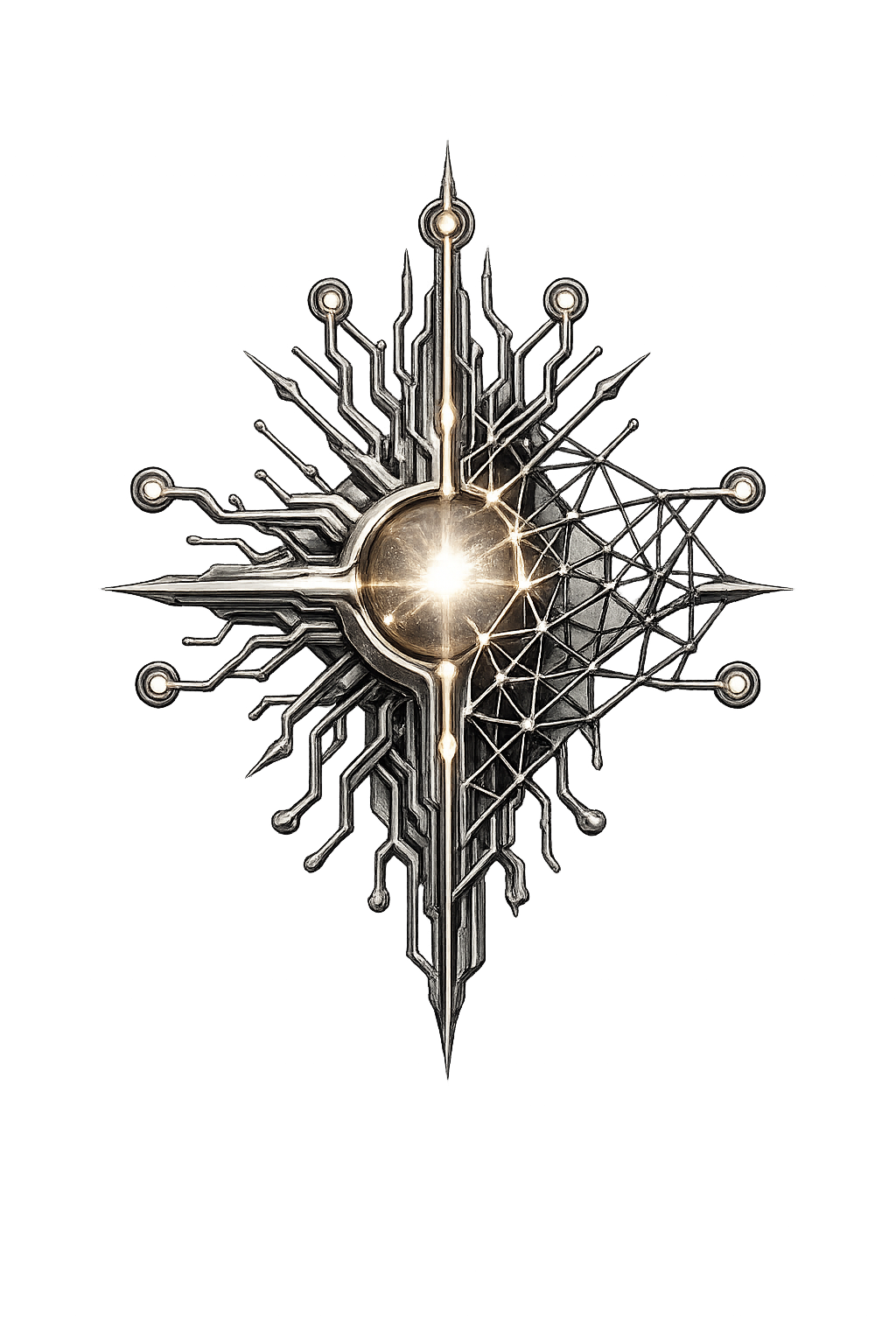 A digital, futuristic emblem with a metallic, circuit-like design resembling a snowflake or star, illuminated with a bright central light.