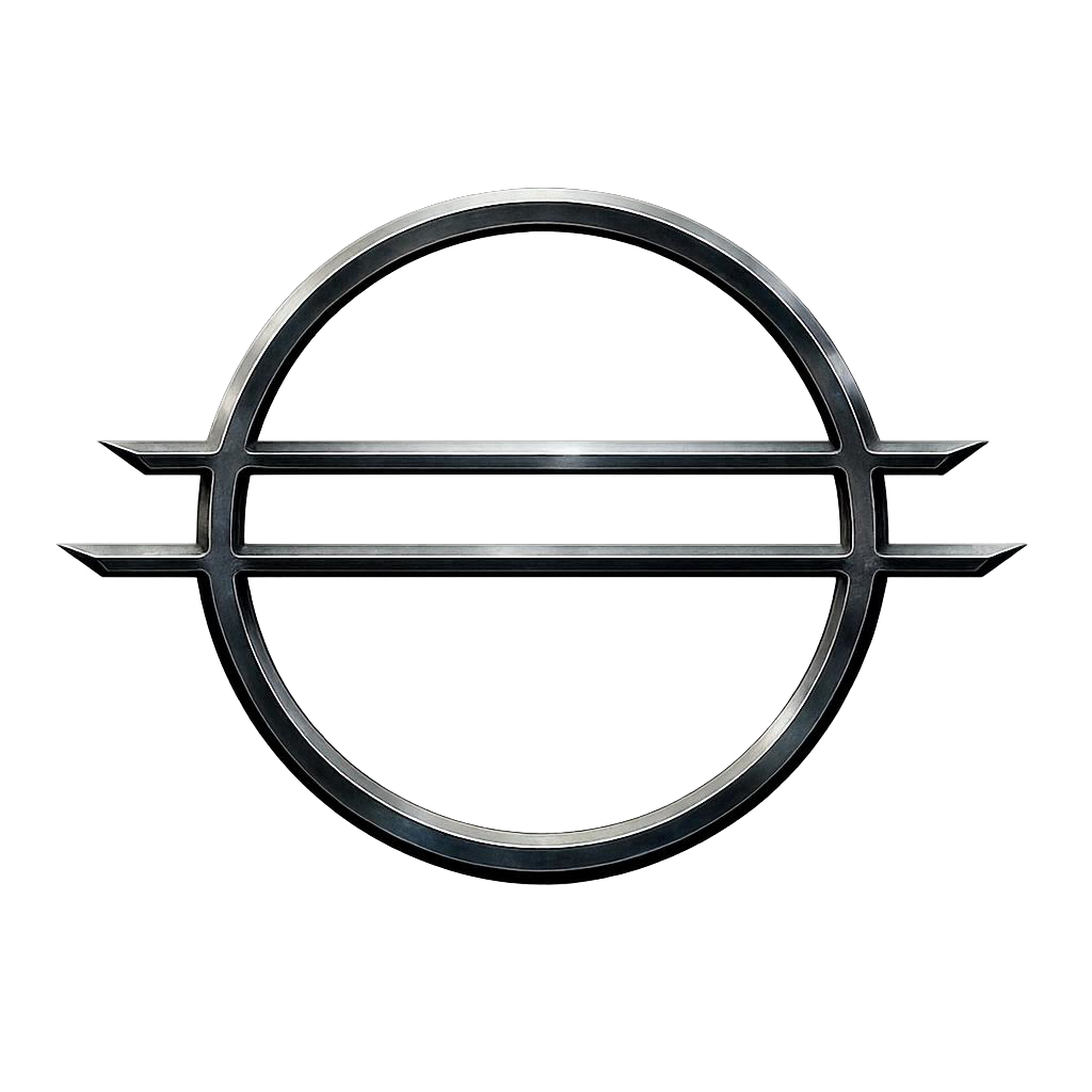 A metallic insignia of a circle intersected by two horizontal lines.