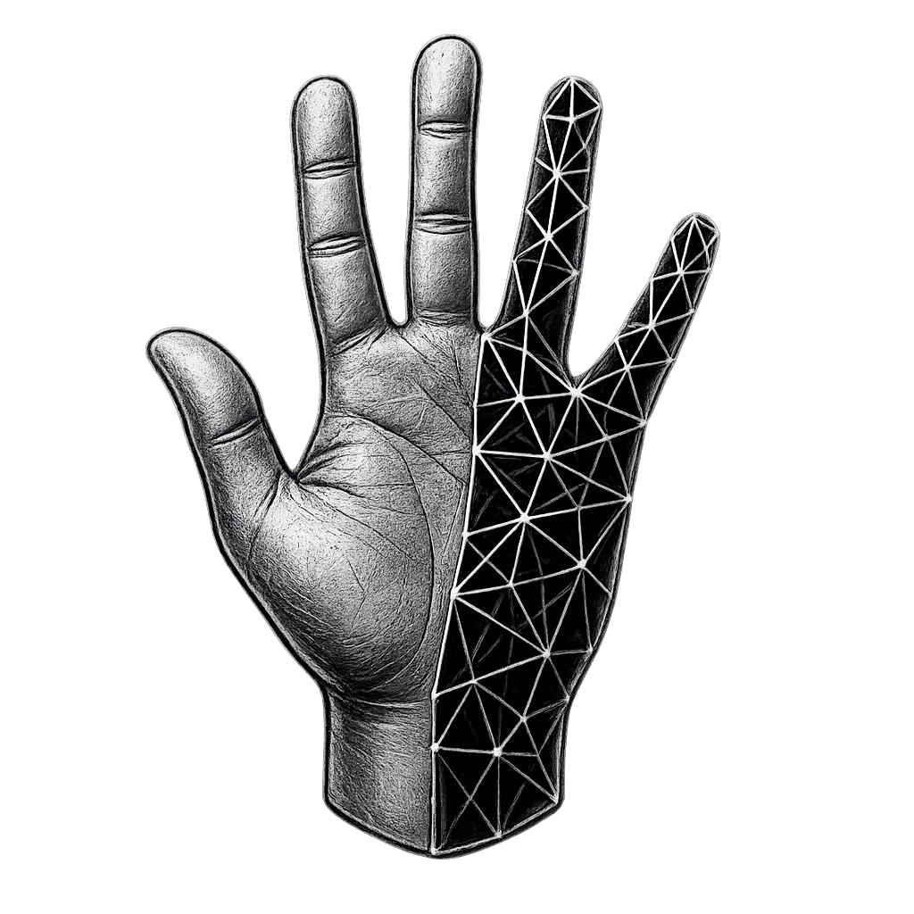 A digital rendering of a human hand, showing the left side as a realistic illustration and the right side as a wireframe digital model.