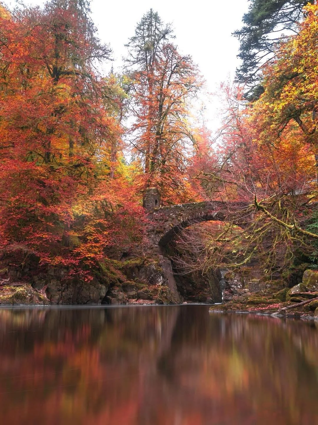 Autumn scene of colorful fall leaves surrounding a stone bridge arch over a calm river.
