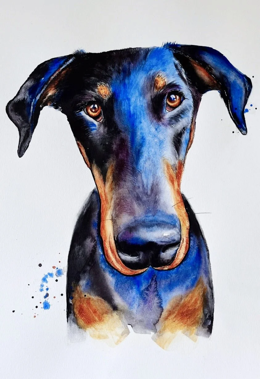 Watercolor painting of a black and tan dog, possibly a Doberman, with detailed brown eyes and colorful splashes around
