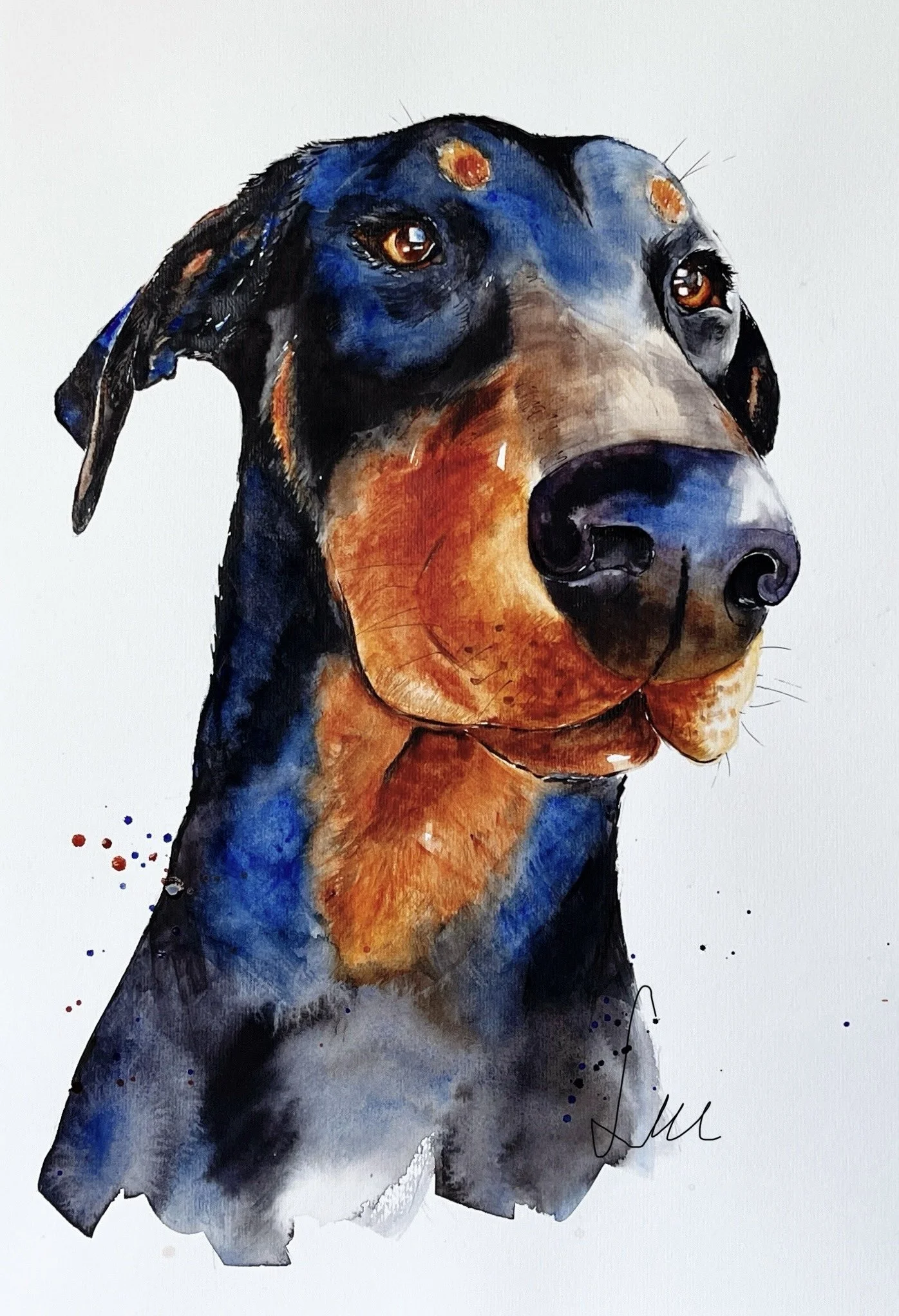 Watercolor painting of a black and tan Doberman dog with expressive brown eyes, detailed facial features, and splashes of paint around the portrait.
