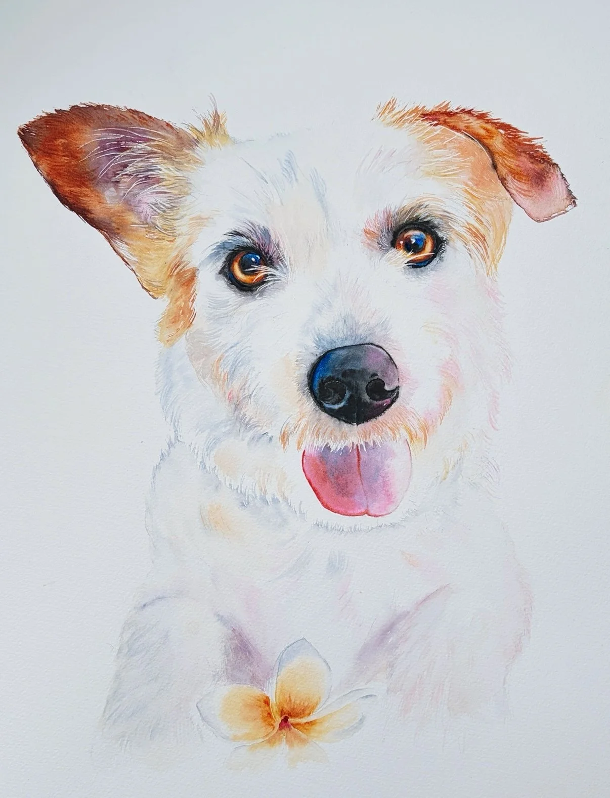 Watercolor painting of a happy dog with white fur, brown ears, blue eyes, and pink tongue, with a yellow flower under its chin.