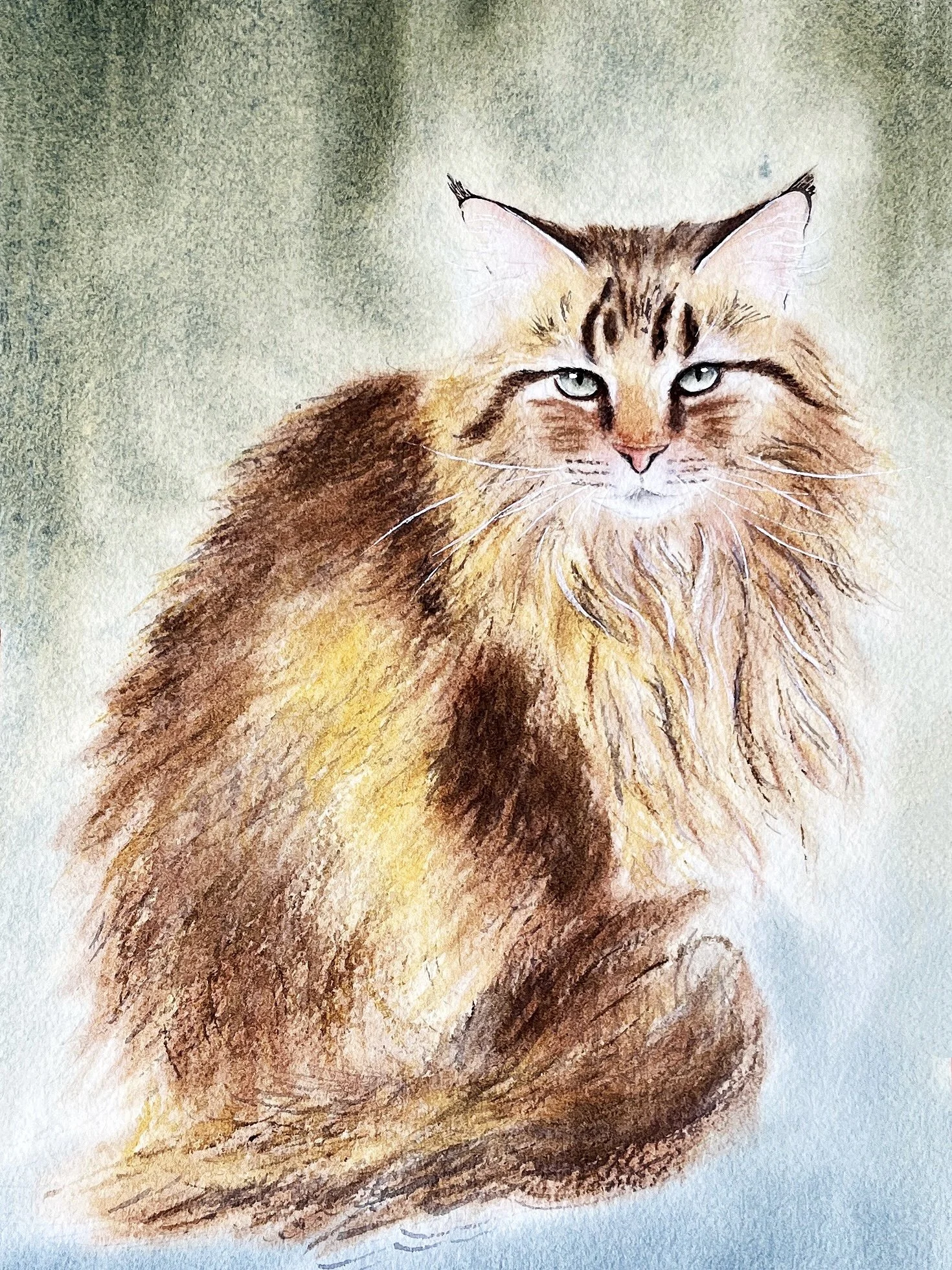 A watercolor painting of a long-haired brown and orange tabby cat with piercing green eyes, sitting and looking directly at the viewer.