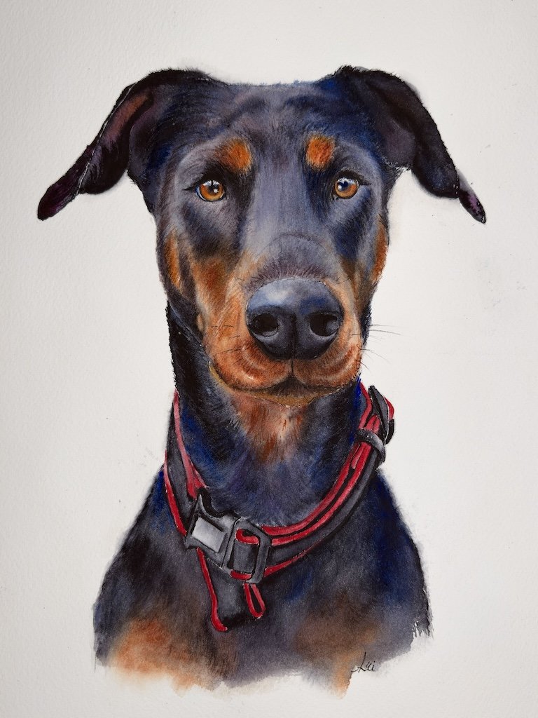 Painting of a black and tan dog with a red collar, facing forward.