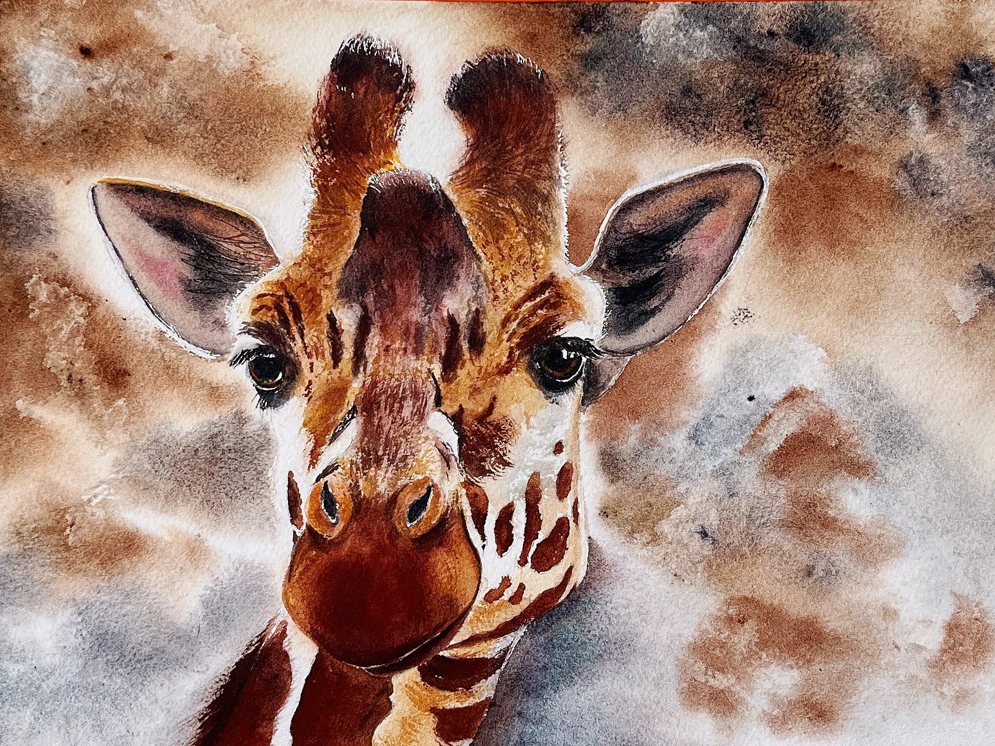 A realistic, watercolor painting of a baby giraffe's face, showing its large eyes, ears, and distinctive patterned fur, with a blurred background.