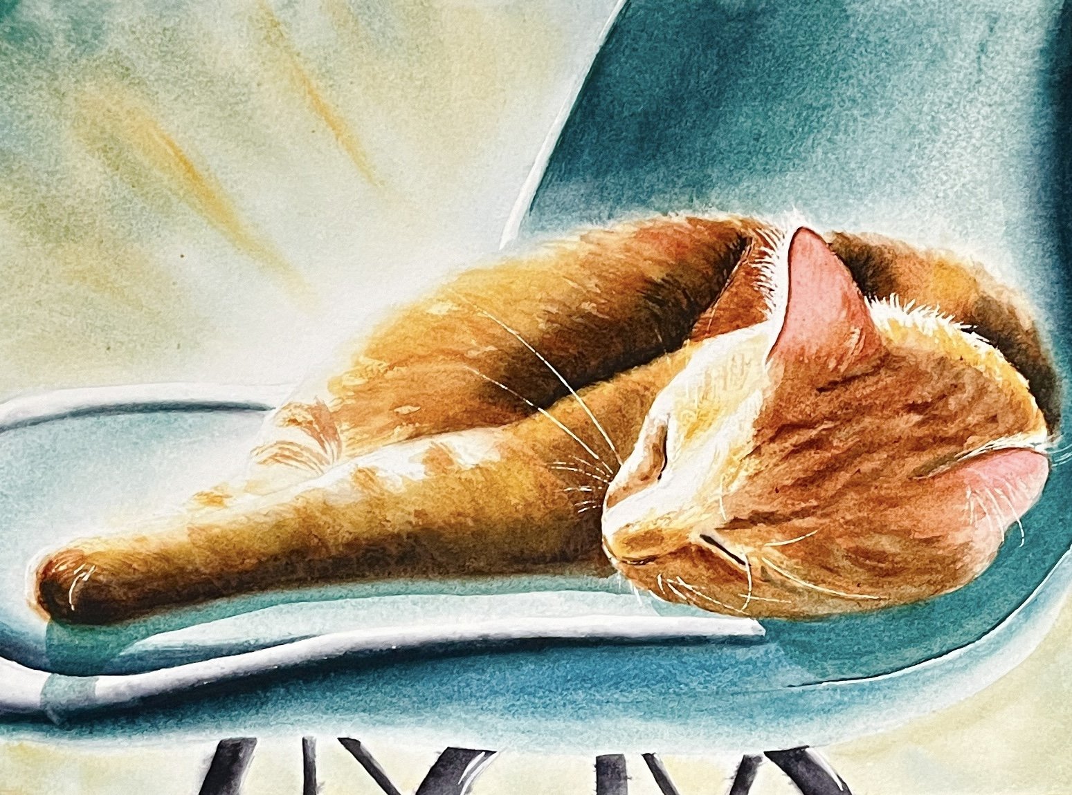 A sleeping orange tabby cat curled up on a metallic surface.