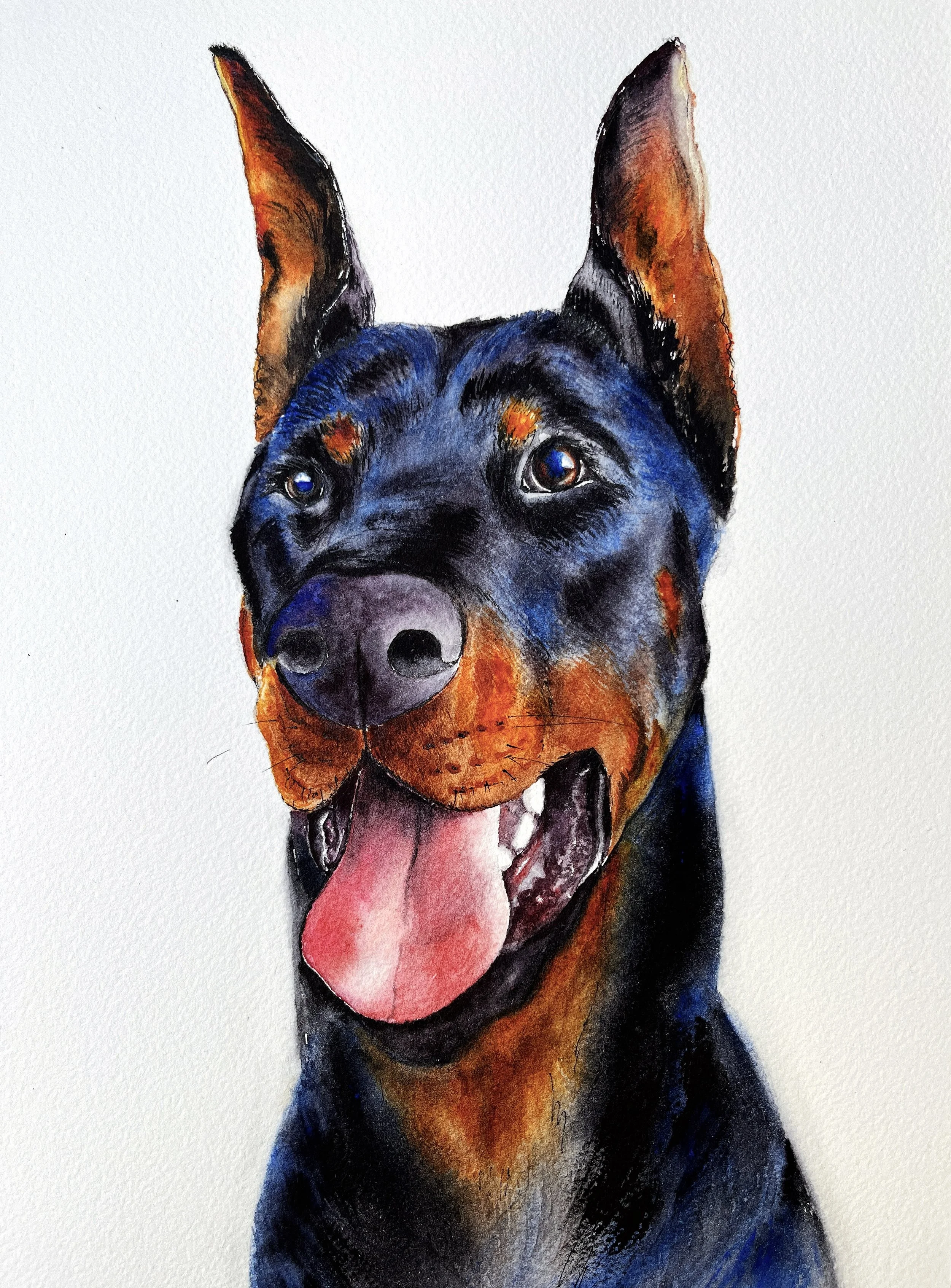 A colorful watercolor painting of a happy Rottweiler dog with its tongue out, showing its black, brown, and tan fur.