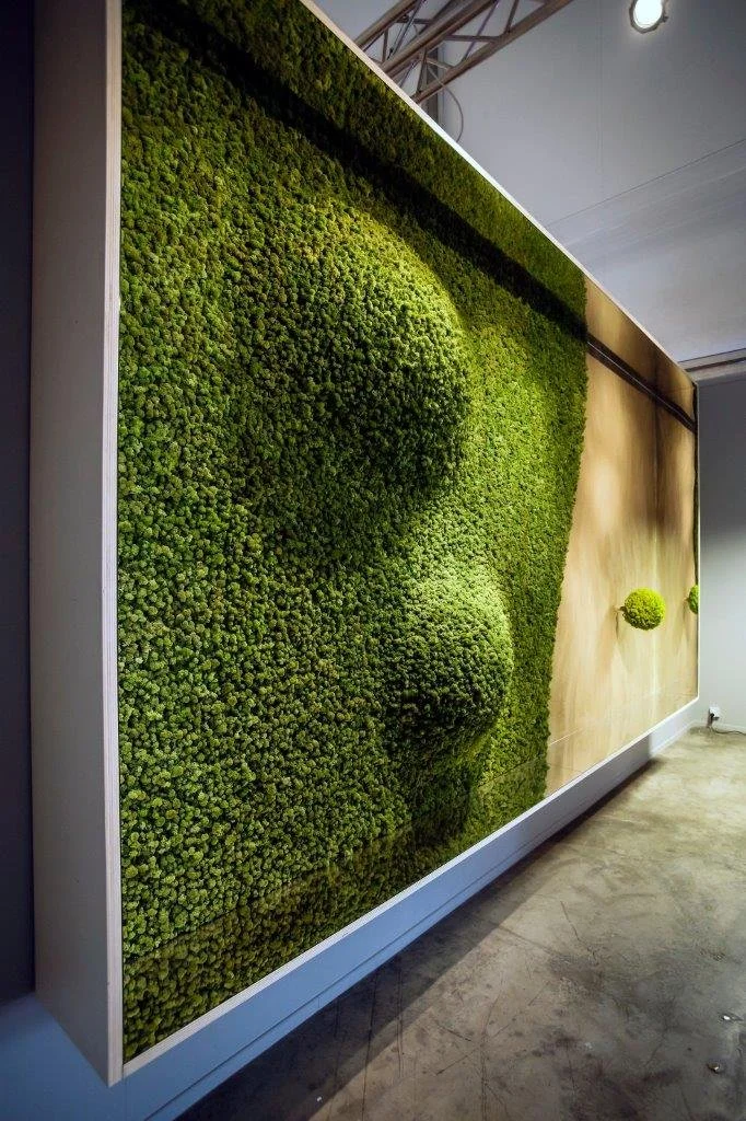 Murale decorativa di moss verde su parete, con una parte designata come un paesaggio naturale.