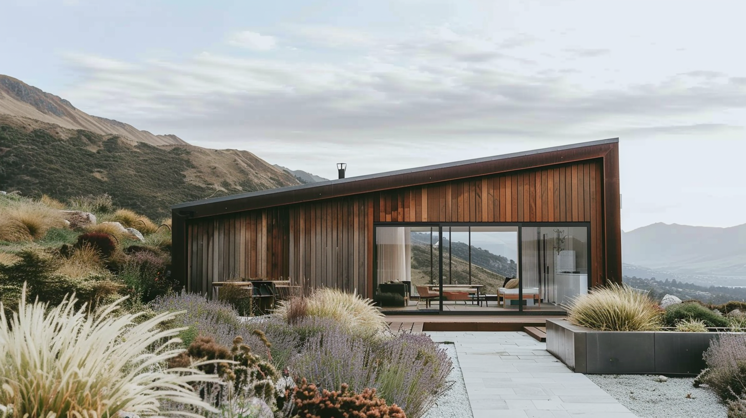Casa moderna in legno con grandi finestre vista sulle montagne e giardino con piante ornamentali