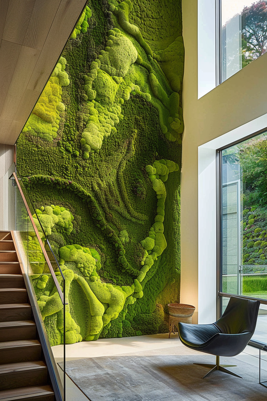 Muro verde decorativo in un interno con grandi finestre, poltrona nera, tappeto e scala in legno.