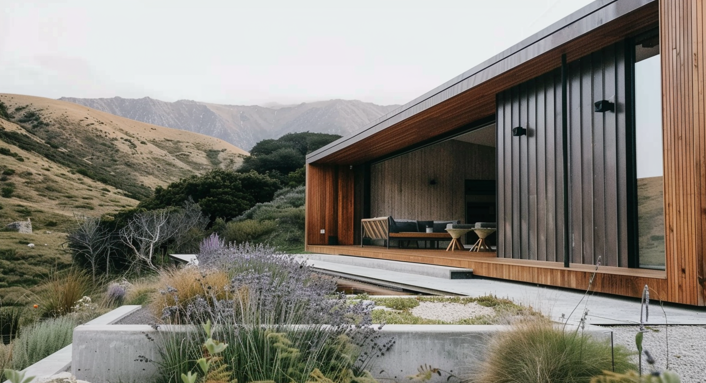 Casa moderna di legno e metallo con veranda in un paesaggio di montagna