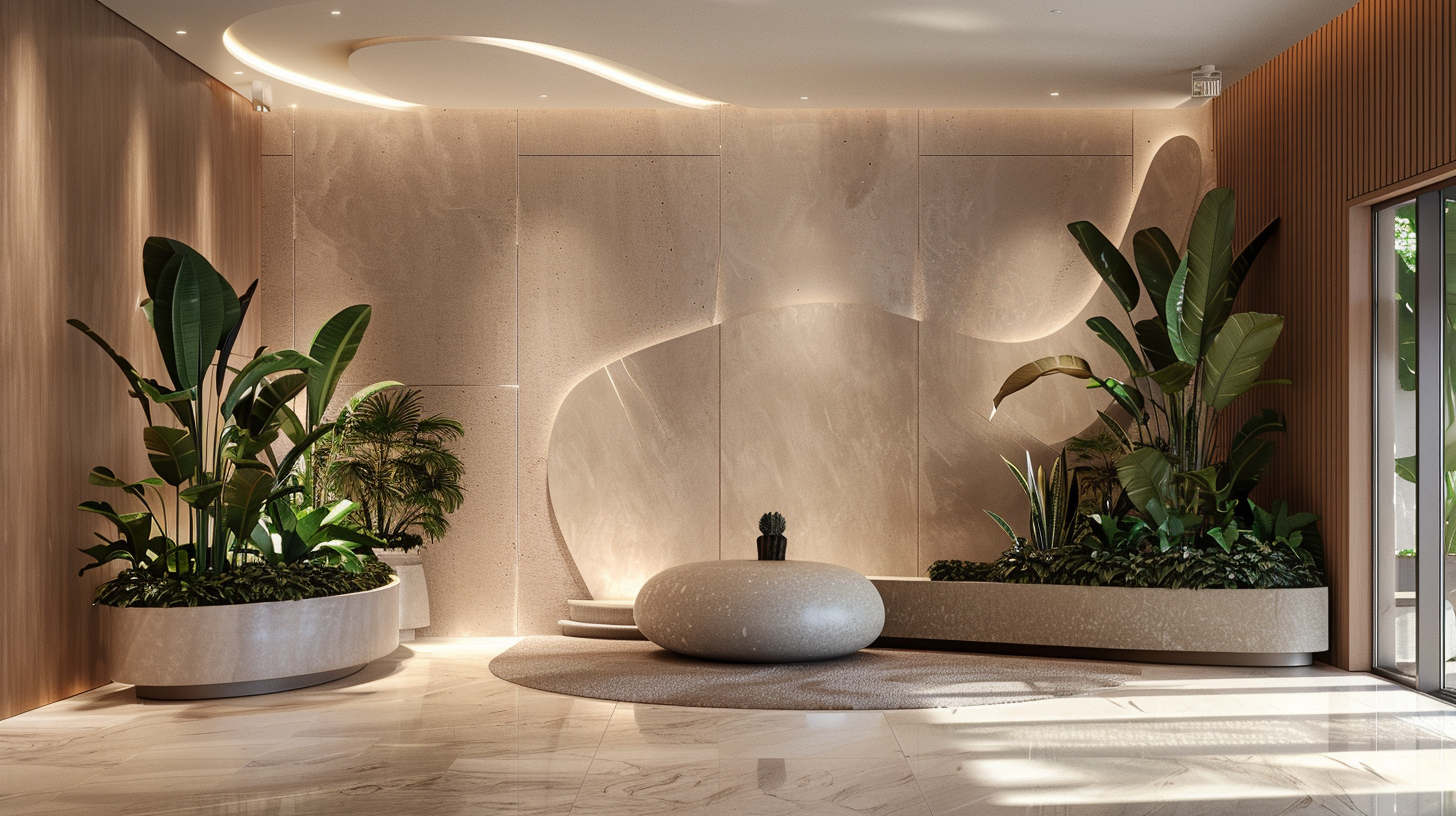 Interno di un ambiente elegante con pareti di pietra, grande vasi con piante verdi e un soffitto con luci soffuse e lineari.