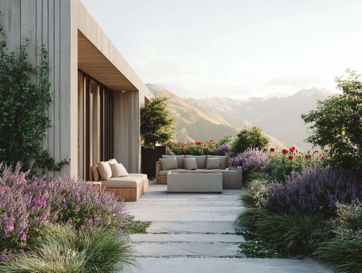 Terrazza con sedie e divani in pietra, ornata con fiori e piante, con vista sulle montagne.