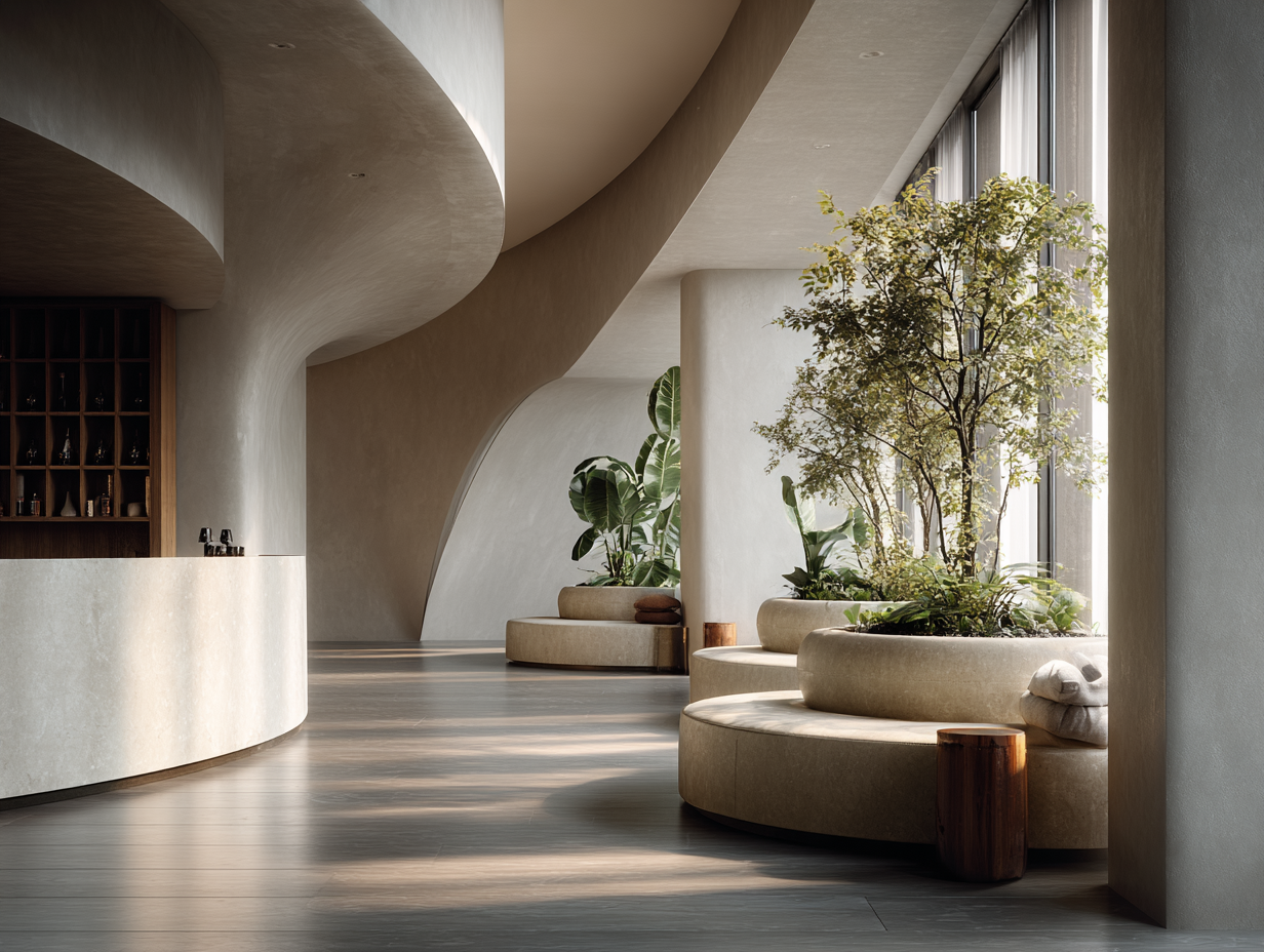 Interno di una stanza moderna con pareti curve, grandi finestre che lasciano entrare luce naturale, piante verdi e sedute circolari in stile minimalista