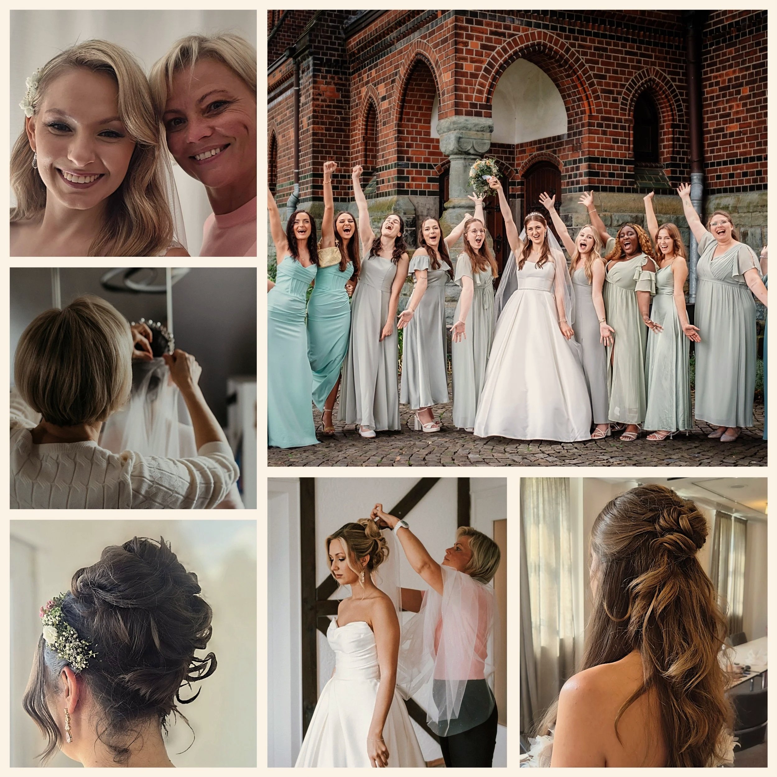 Fotocollage von mehreren Hochzeitsfotos: Eine Braut mit ihrer Mutter, eine Gruppe von Frauen in Abendkleidung vor einer Kirche, eine Frau beim Haare stylen, eine Braut mit einem Brautstylisten, und eine Frau mit einem geflochtenen Haarschwanz.