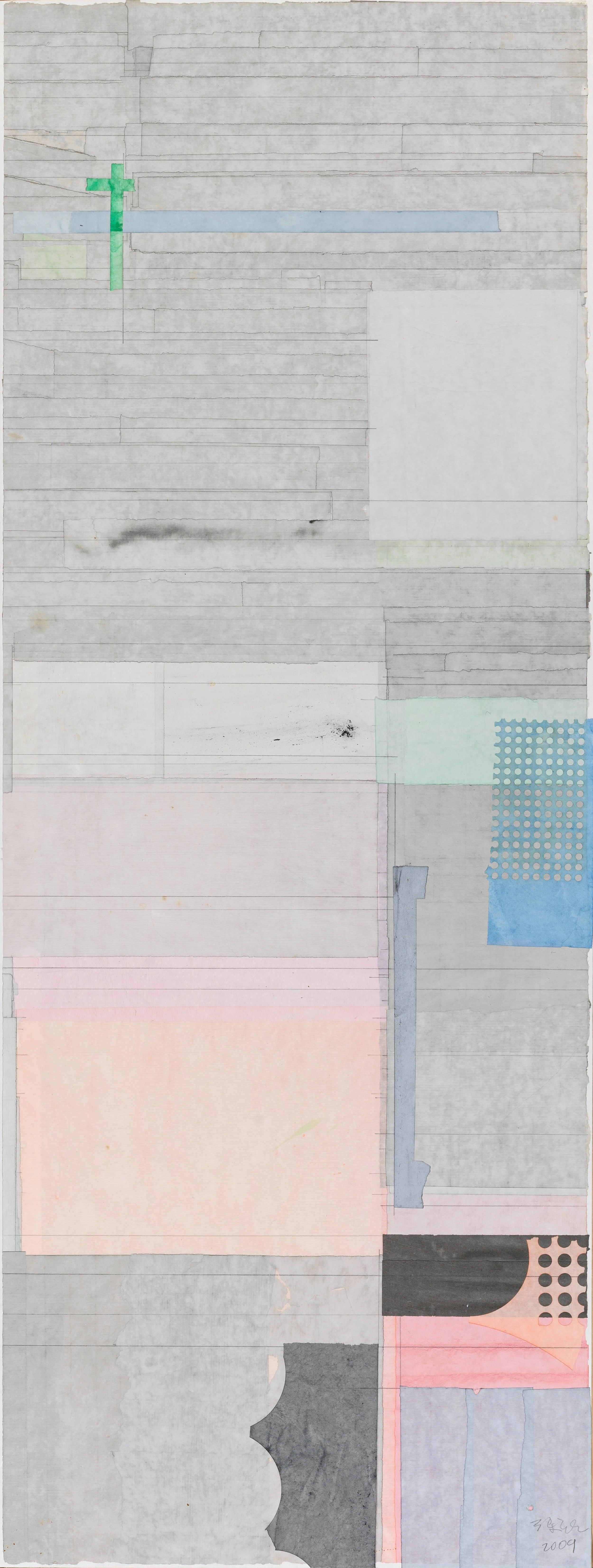 梁铨 无题 宣纸彩墨拼贴  122×47cm 2009 （1左）Liang Quan ink, color and rice paper.JPG