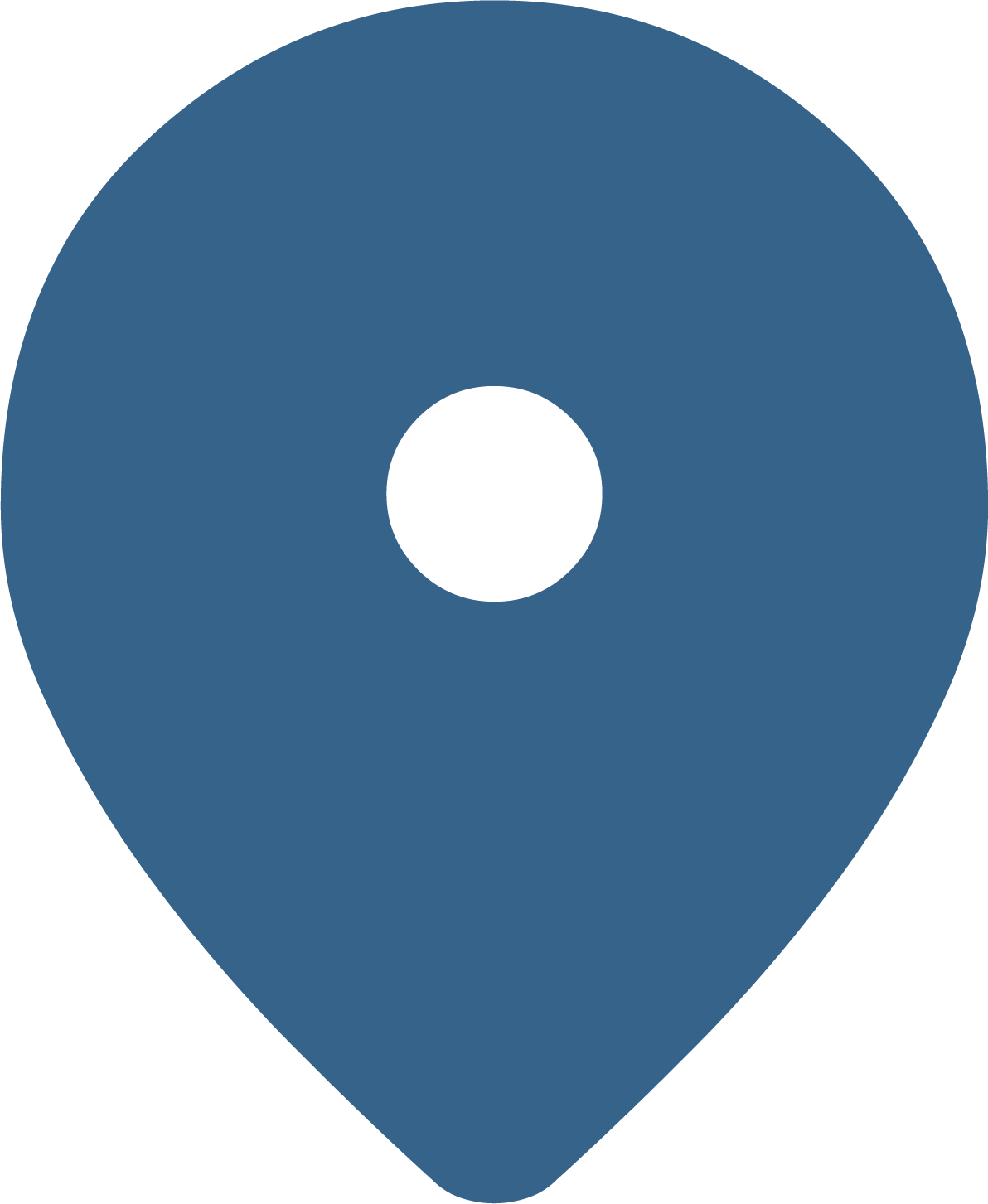 A stylized map location pin icon in dark blue with a black center.