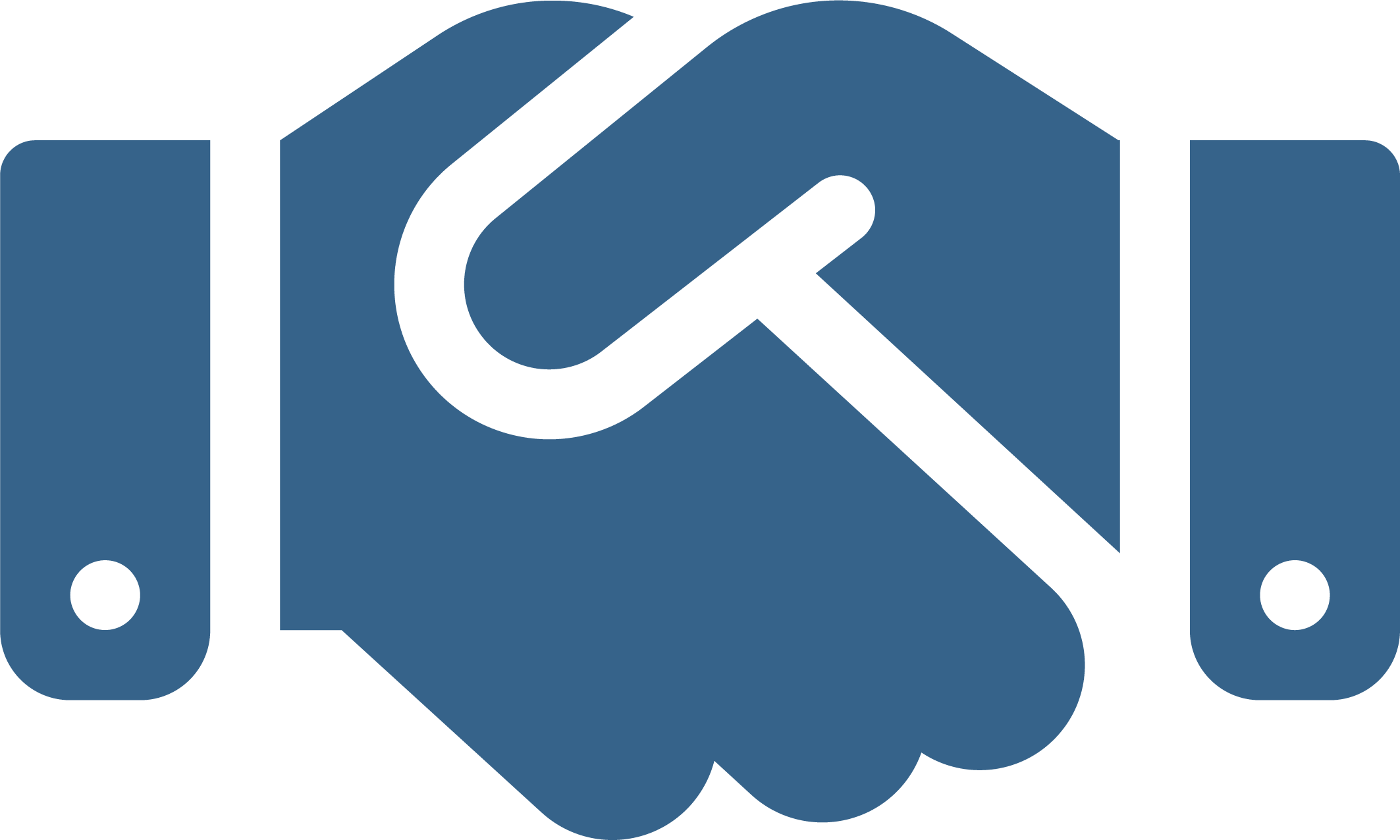 Graphic of two blue hands shaking, with a black check mark in the middle.