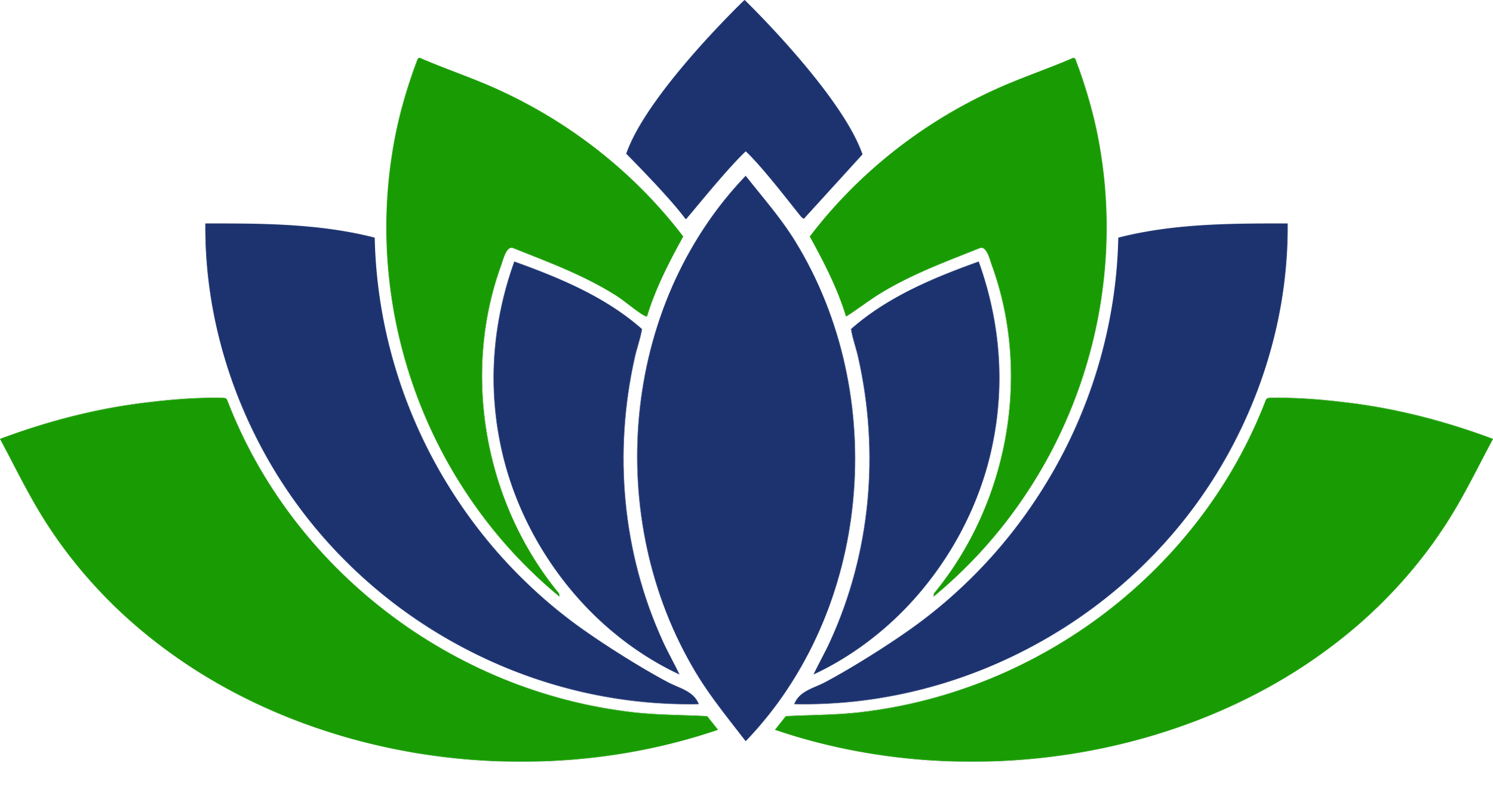 A stylized drawing of a lotus flower with blue petals and green leaves.