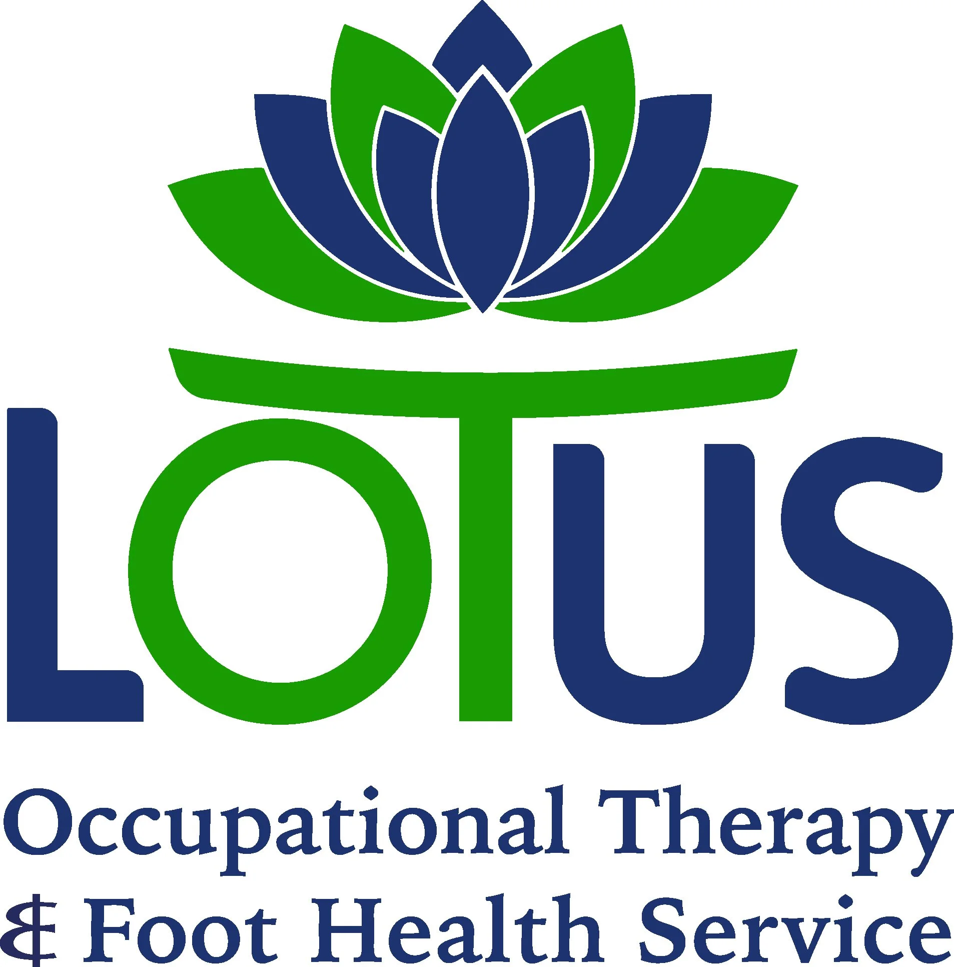 LOTUS Logo featuring green OT and blue and green Lotus. Company description. Occupational Therapy and Foot Health Service
