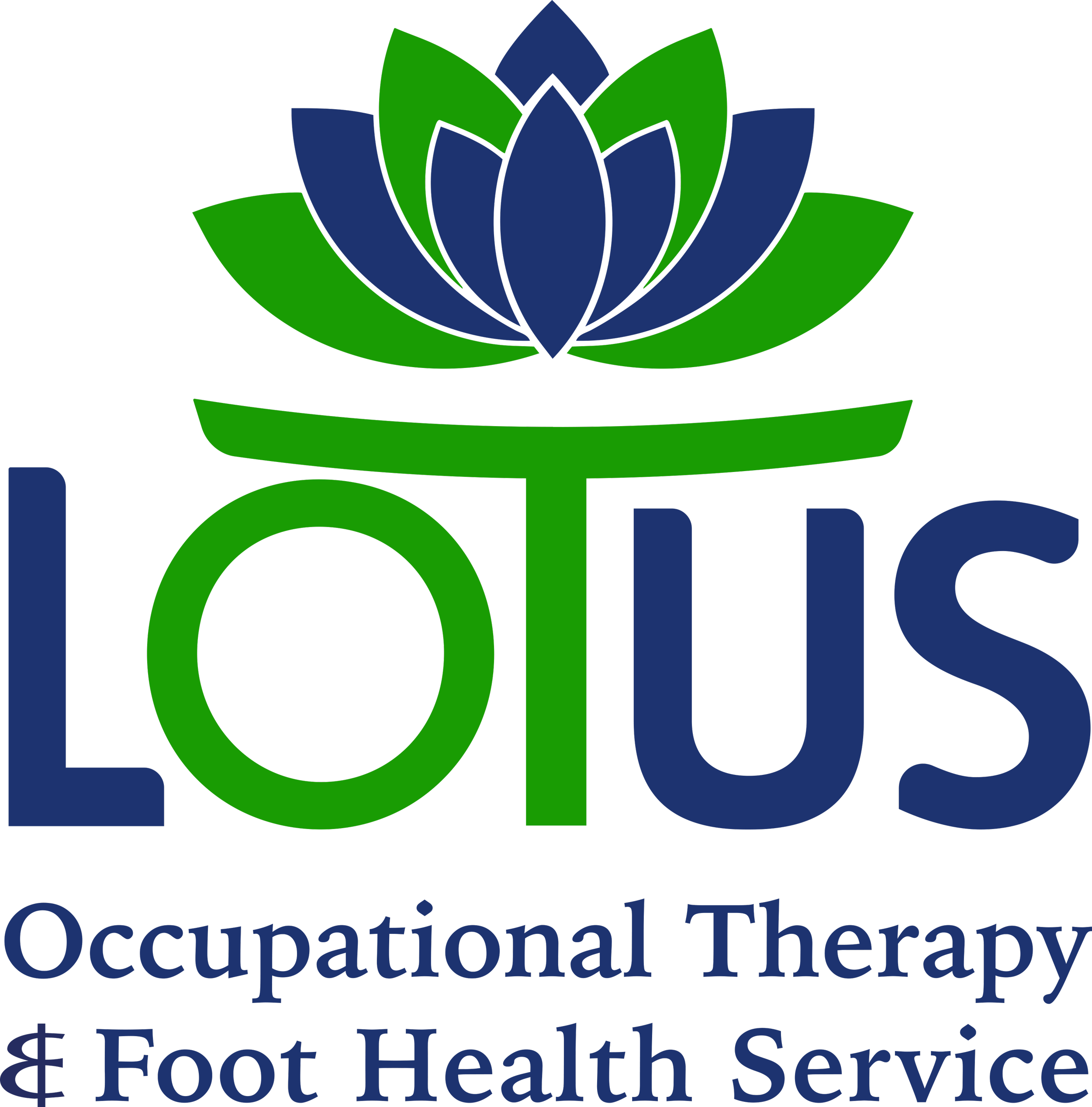 LOTUS Logo featuring green OT and blue and green Lotus. Company description. Occupational Therapy and Foot Health Service