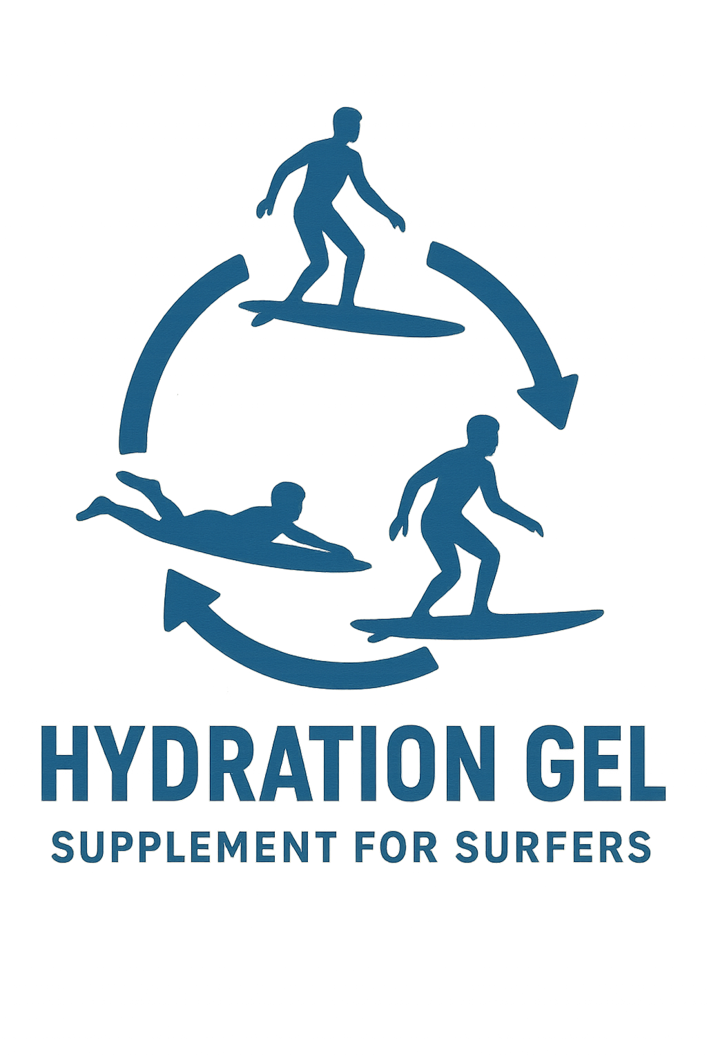 Illustration of the cycle of surfing movements: diving onto the surfboard, balancing, and standing. Text reads 'Hydration Gel, Supplement for Surfers'.