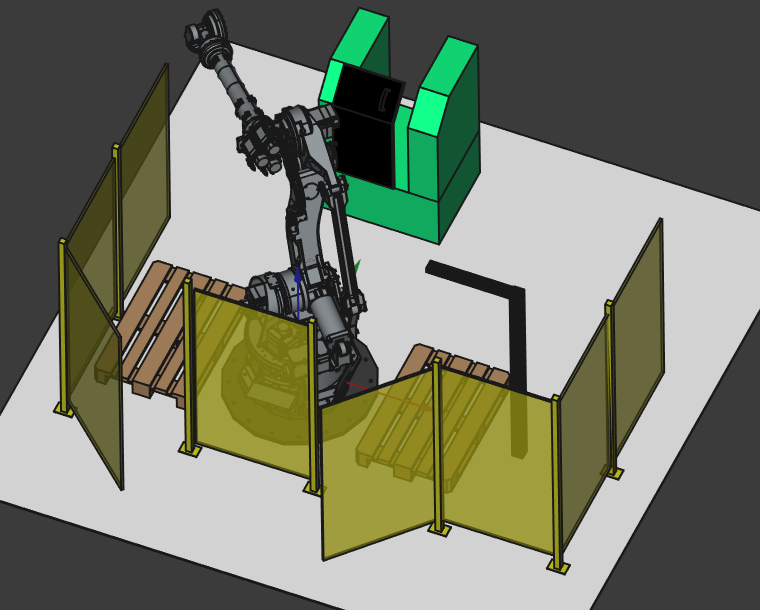 Robot industriale all'interno di una zona di sicurezza con recinzione gialla, in una stanza con pavimento bianco e parete grigia, e un pallet di prelievo. Dietro, un tornio automatico.