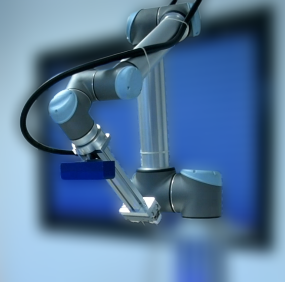 Braccio robotico industriale con schermo di fondo blu.