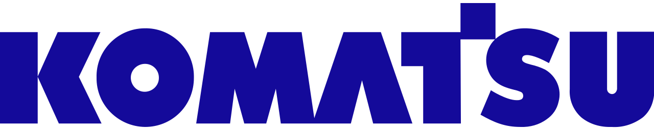 Logotipo de KOMATSU en letras grandes y azules.
