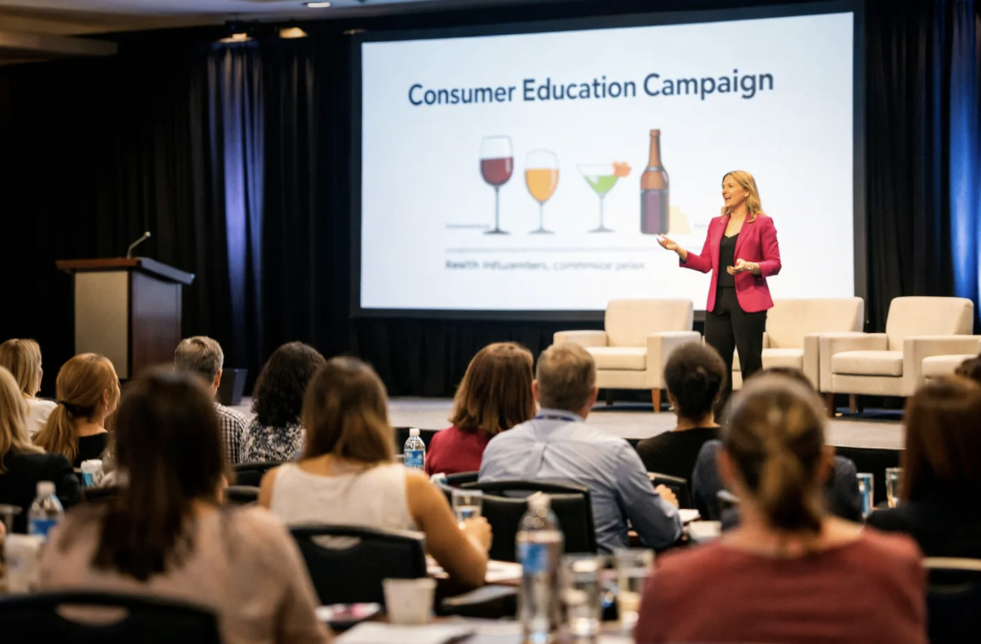 A woman in a pink blazer speaking at a conference with a screen behind her displaying a slide titled 'Consumer Education Campaign' with images of various drinks such as wine, beer, and a cocktail.