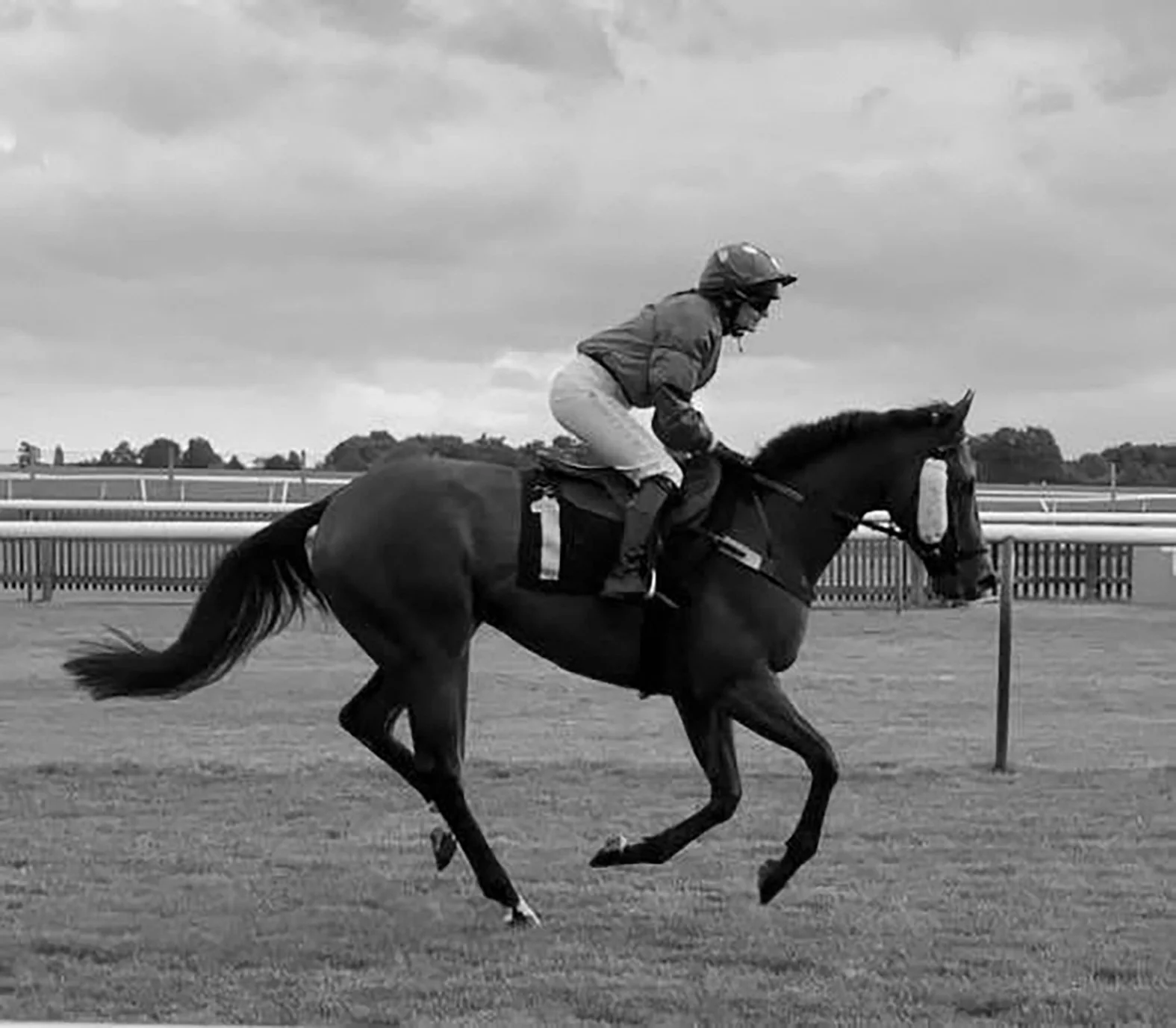 Jockey riding a horse during a race on a racetrack with cloudy sky.