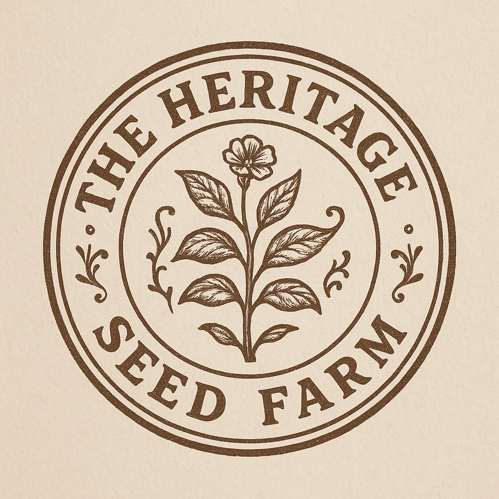 A circular logo with the text "The Heritage Seed Farm" surrounding a drawing of a flowering plant with multiple leaves.
