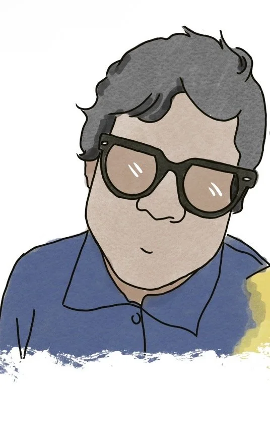 A cartoon illustration of a person with curly gray hair, wearing black glasses and a blue collared shirt.