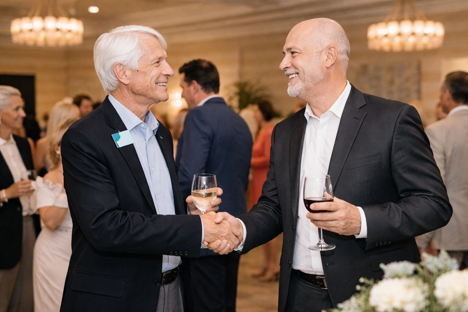 Two older men in suits shaking hands and smiling at each other while holding glasses of wine at a social gathering.