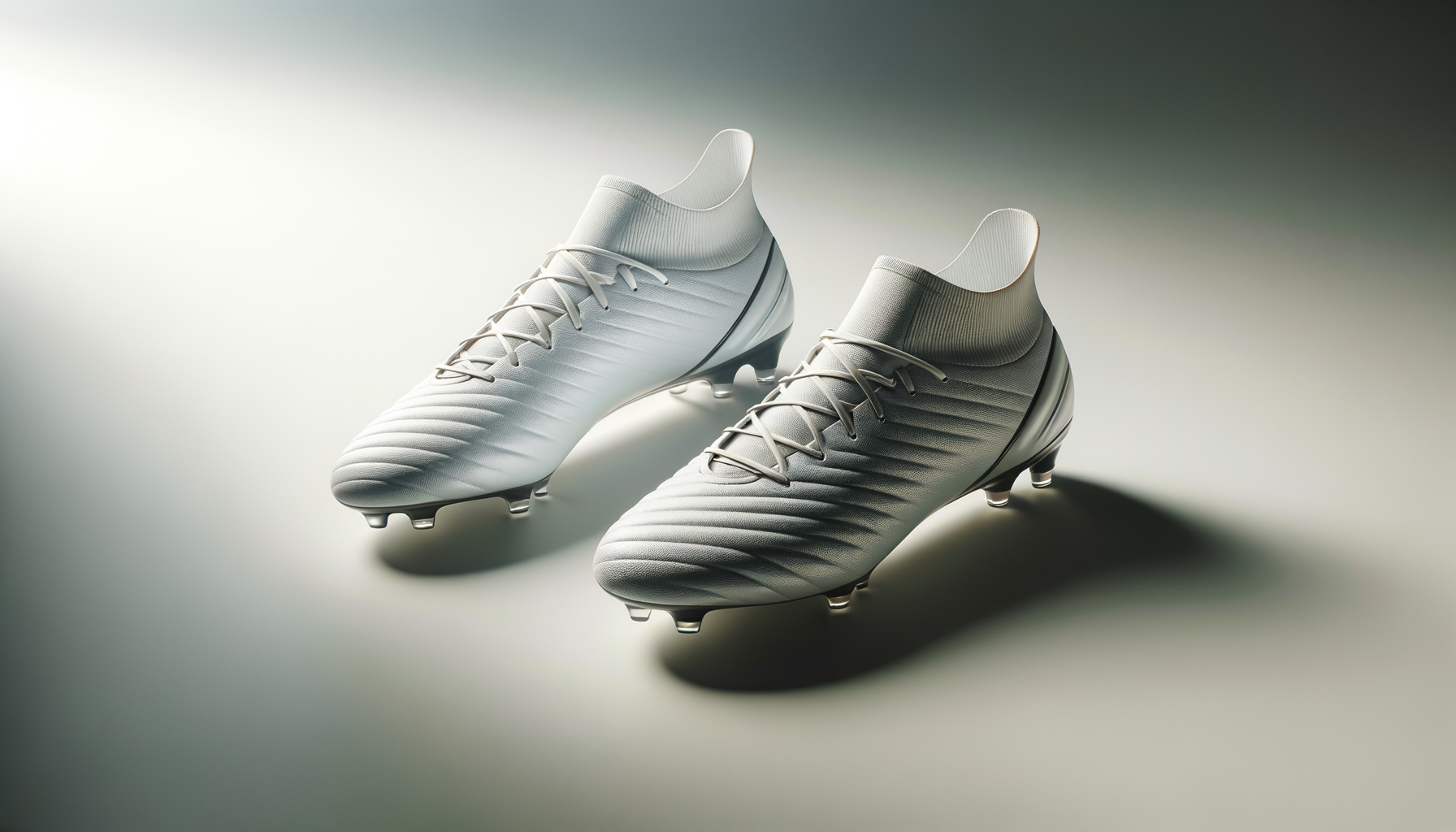 A pair of modern white and gray soccer cleats with ankle-high sock collar on a neutral background, showcasing a sleek design.