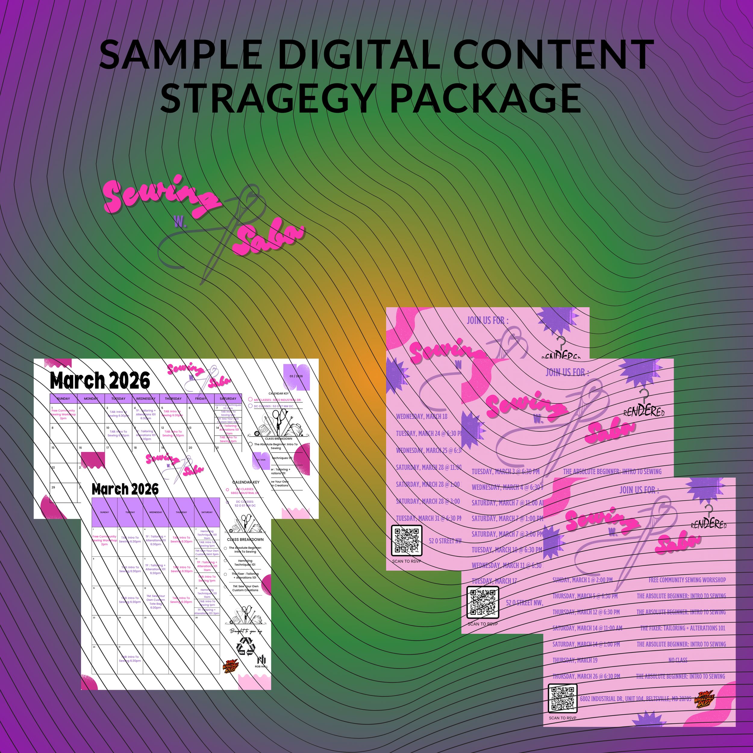 Sample digital content strategy package with three different schedules, featuring pink and purple text overlays and QR codes, set against a background with colorful gradient and contour lines.