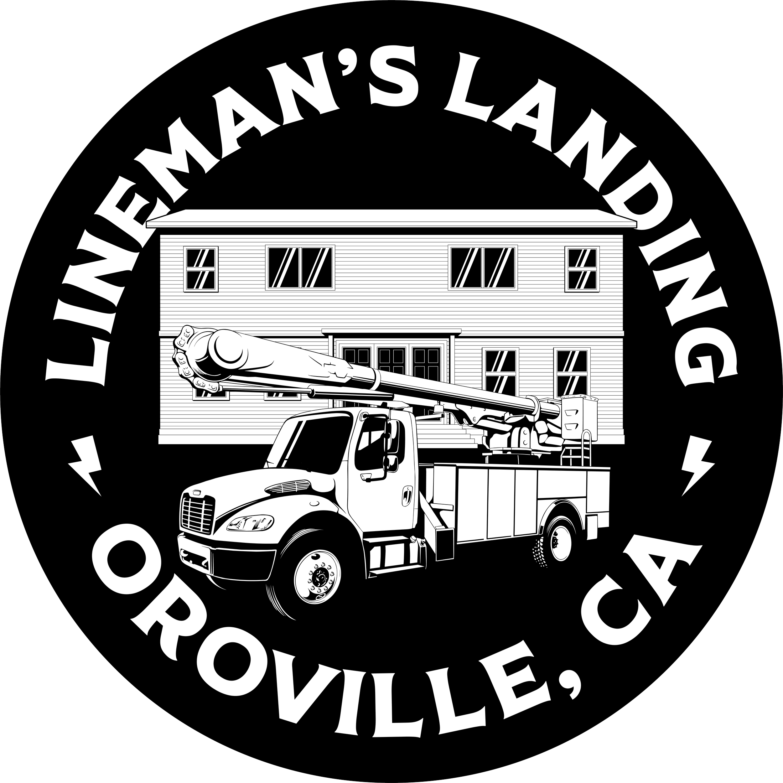 A black circular badge with the text 'Littleman's Landinth' and 'Oroville, CA' in white. In the center, there is a detailed black and white illustration of a fire truck with an aerial ladder in front of a two-story house with multiple windows.