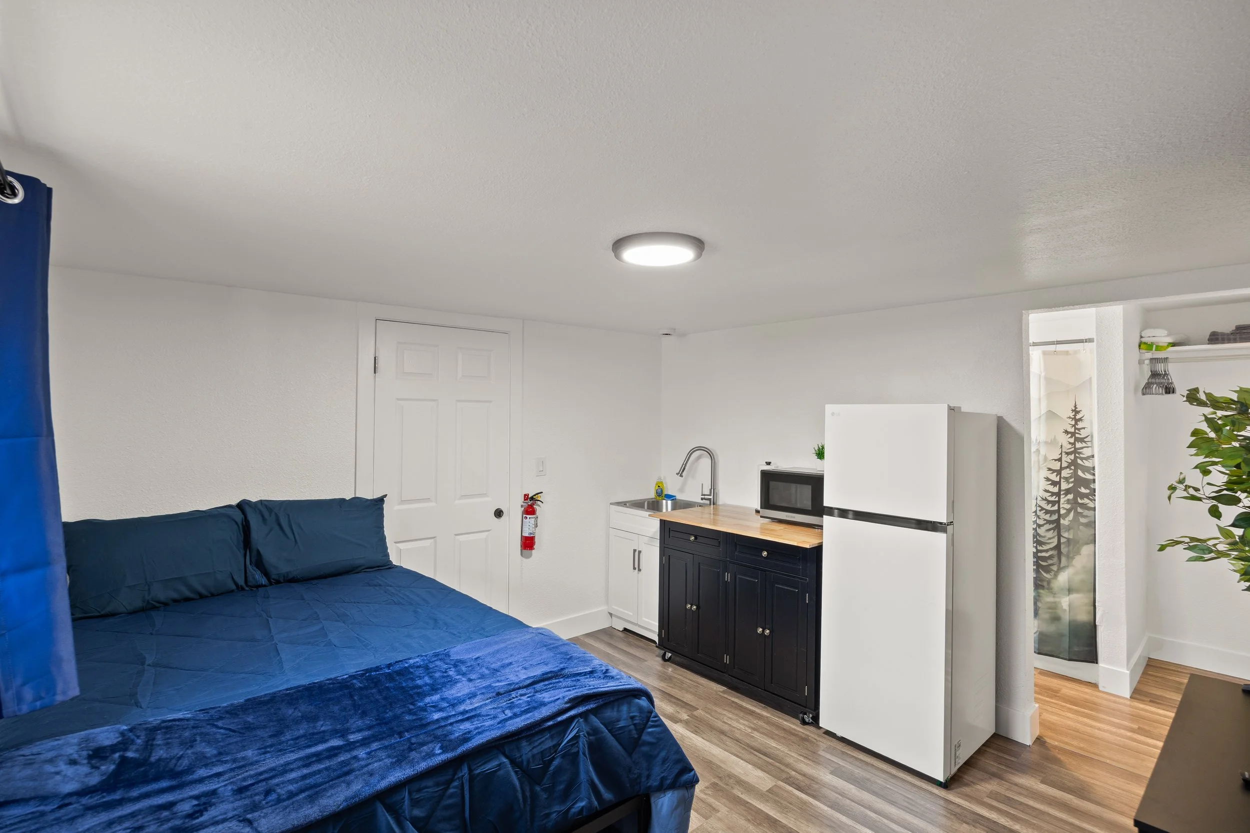 A small, minimalist studio apartment with a bed, kitchenette, and a doorway with a mountain landscape poster.