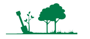 Silhouette of a garden scene with a watering can, a small plant, a tree, and grass
