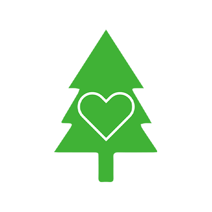 Green Christmas tree with a white heart outline in the center.