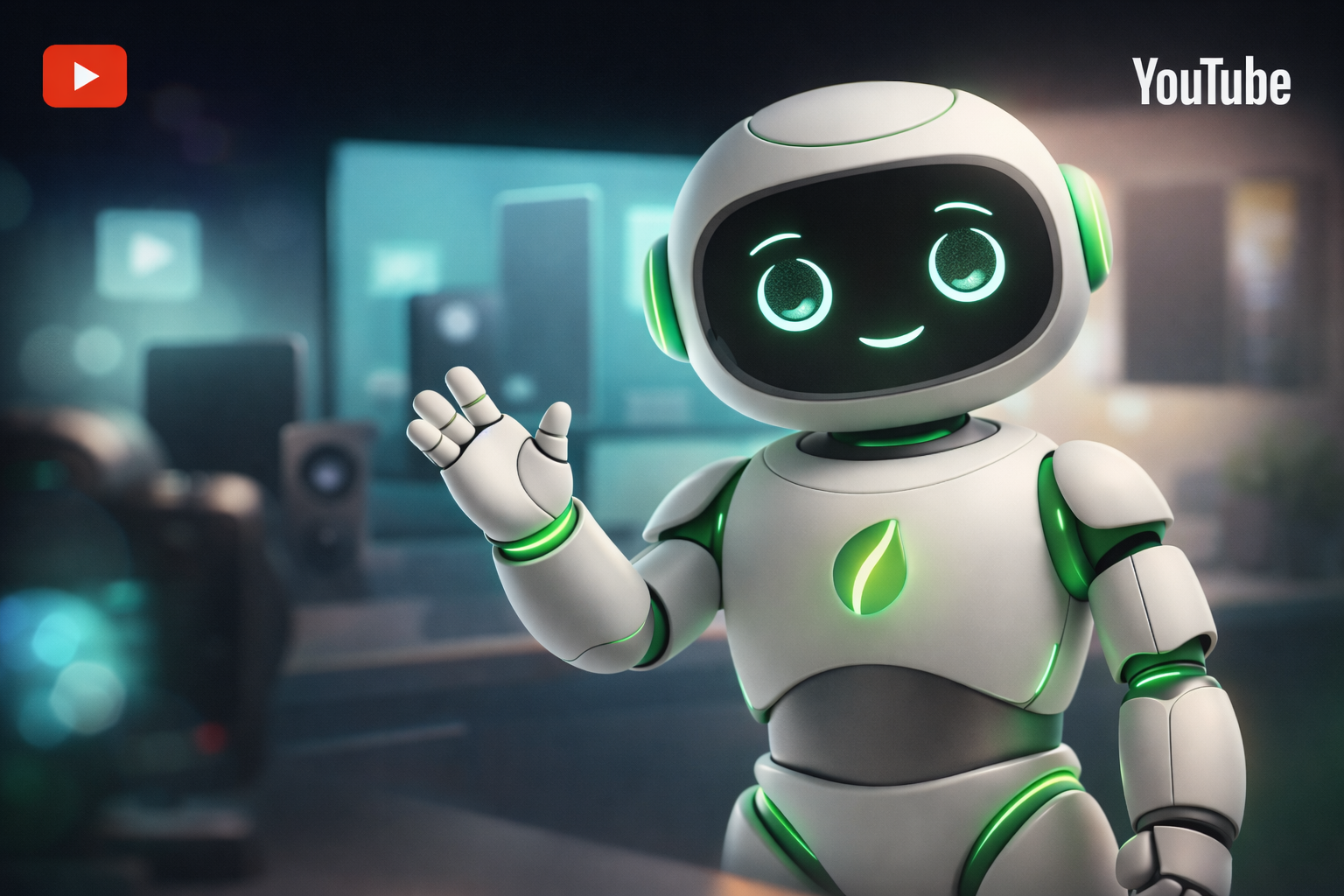 A friendly, futuristic robot with a white and black body accented with green lights, waving with its right hand, in an indoor setting with a blurred background of electronic devices and monitors.