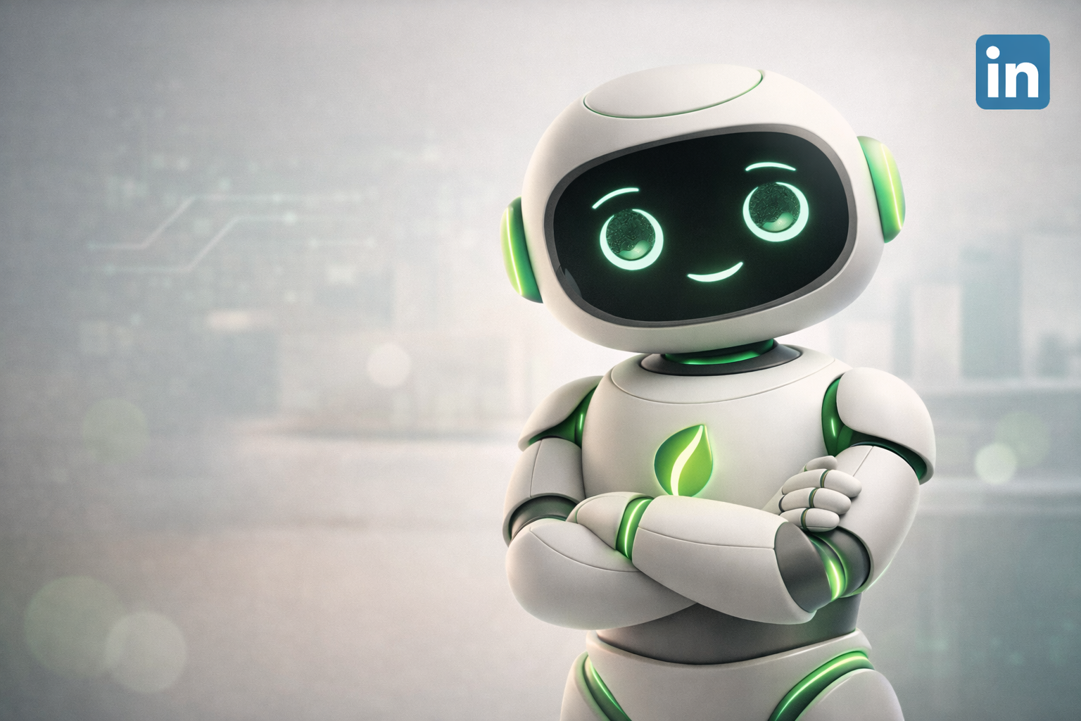 A robot with a black faceplate displaying a smiling face, green armbands, and a green leaf symbol on its chest, standing with arms crossed. LinkedIn logo is in the top right corner.