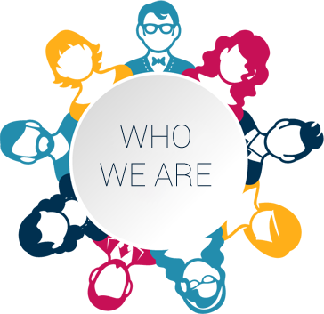 Colorful abstract background with a central circle containing the text 'WHO WE ARE'.