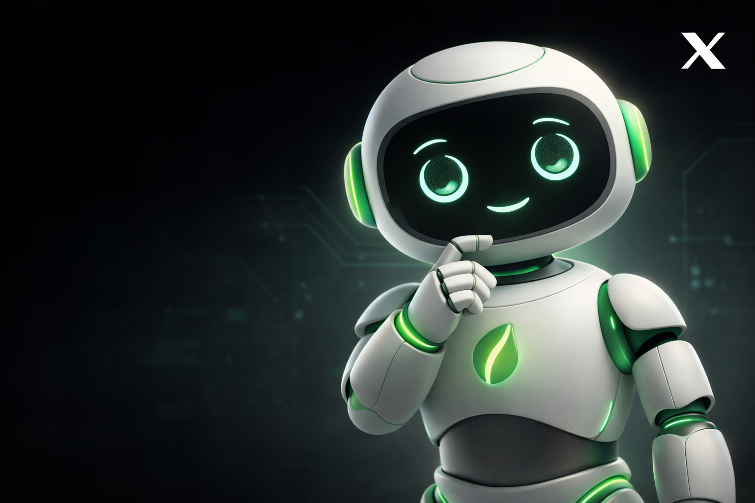 A robot with a black face display showing a happy face with glowing green accents, standing with a thoughtful pose against a dark technological background.
