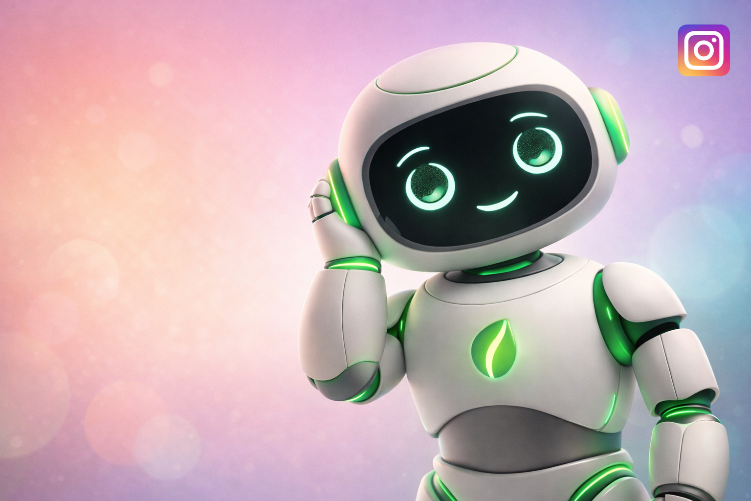 A friendly robot with a black face display showing glowing green eyes and a small smile, touching its head with one hand, set against a soft pastel-colored background.