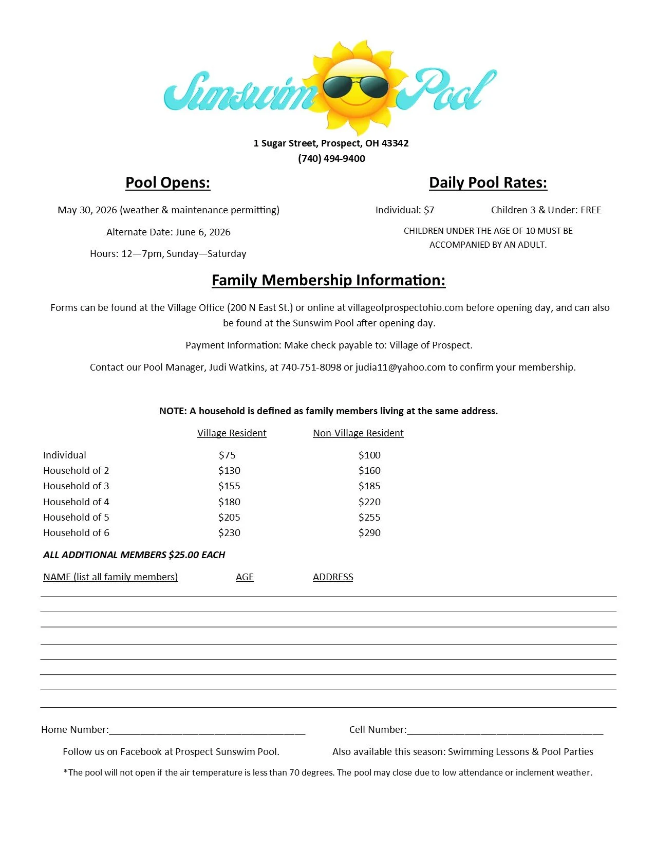 Sunswim Pool Membership Flyer 2026. Village and Non-village resident pricing for 1 to 6 household members. Additional members $25. Must fill out and return with full payment to confirm membership.