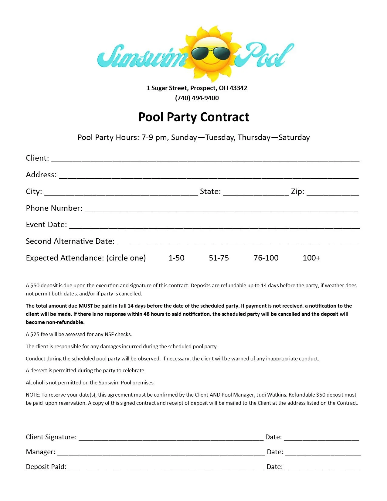 Sunswim Pool Party Contract Back for customer to fill out and return with $50 deposit. Call 740-751-8098 for scheduling and more details.